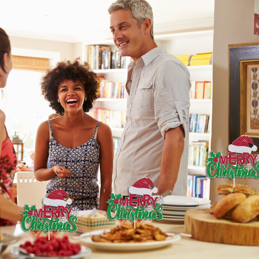 Juego de 8 adornos para tartas de Navidad – Decoración grande para cupcakes de Navidad para Navidad, fiestas, decoración de pasteles, bonito sombrero de Papá Noel, diseño de copo de nieve, decoración