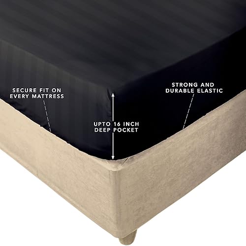 Miniatura 2 de Sunday Home Sábana bajera de 400 hilos 100% algodón natural, 1 sábana bajera de rayas damasco, color gris oscuro, bolsillo profundo de 15 pulgadas,