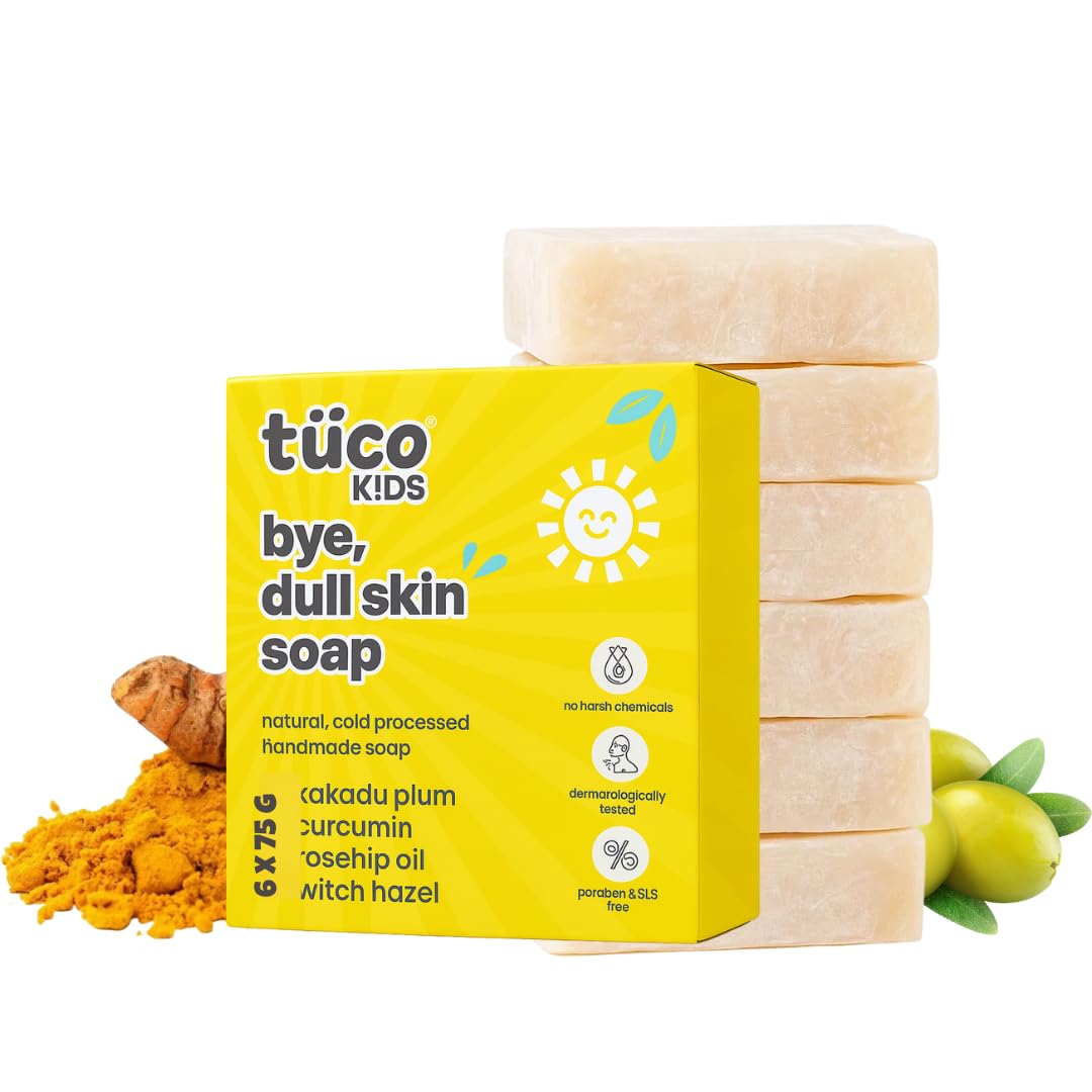 Kids Bye, Dull Skin Soap Pack of 6X75gm with Turmeric, Shea Butter & Coconut Oil | Perfect for Dull & Sensitive Skin | Paraben & Sulphate Free | Ages 2-5, 5-10, 10-15 | 6x75gm