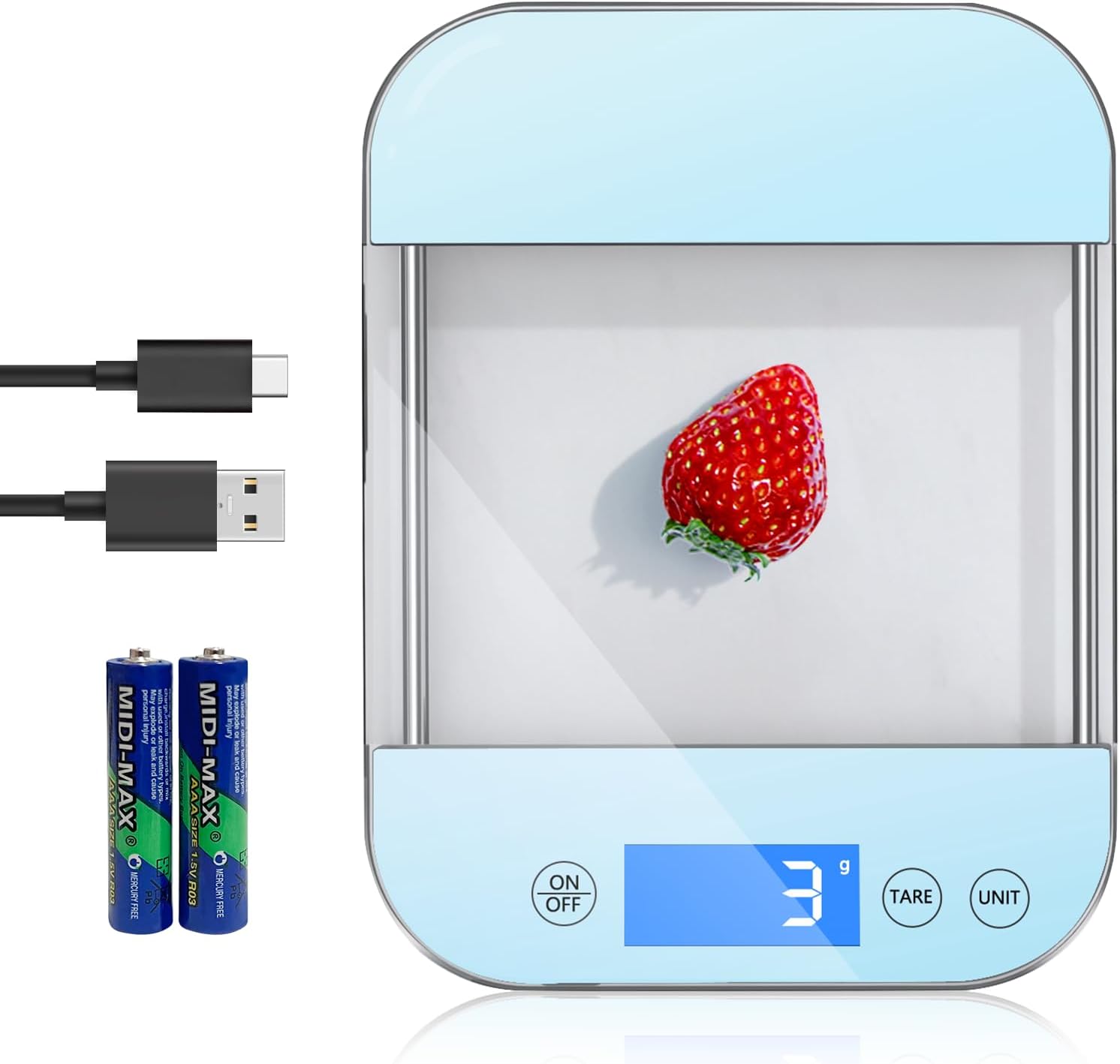 GGQ Rechargeable Food Scale Digital Weight Grams and Oz, [Max 33lb Min 1g], Full Waterproof Temepered Glass Panel, Crystal Clear Design for Kitchen Scale, Sky Blue