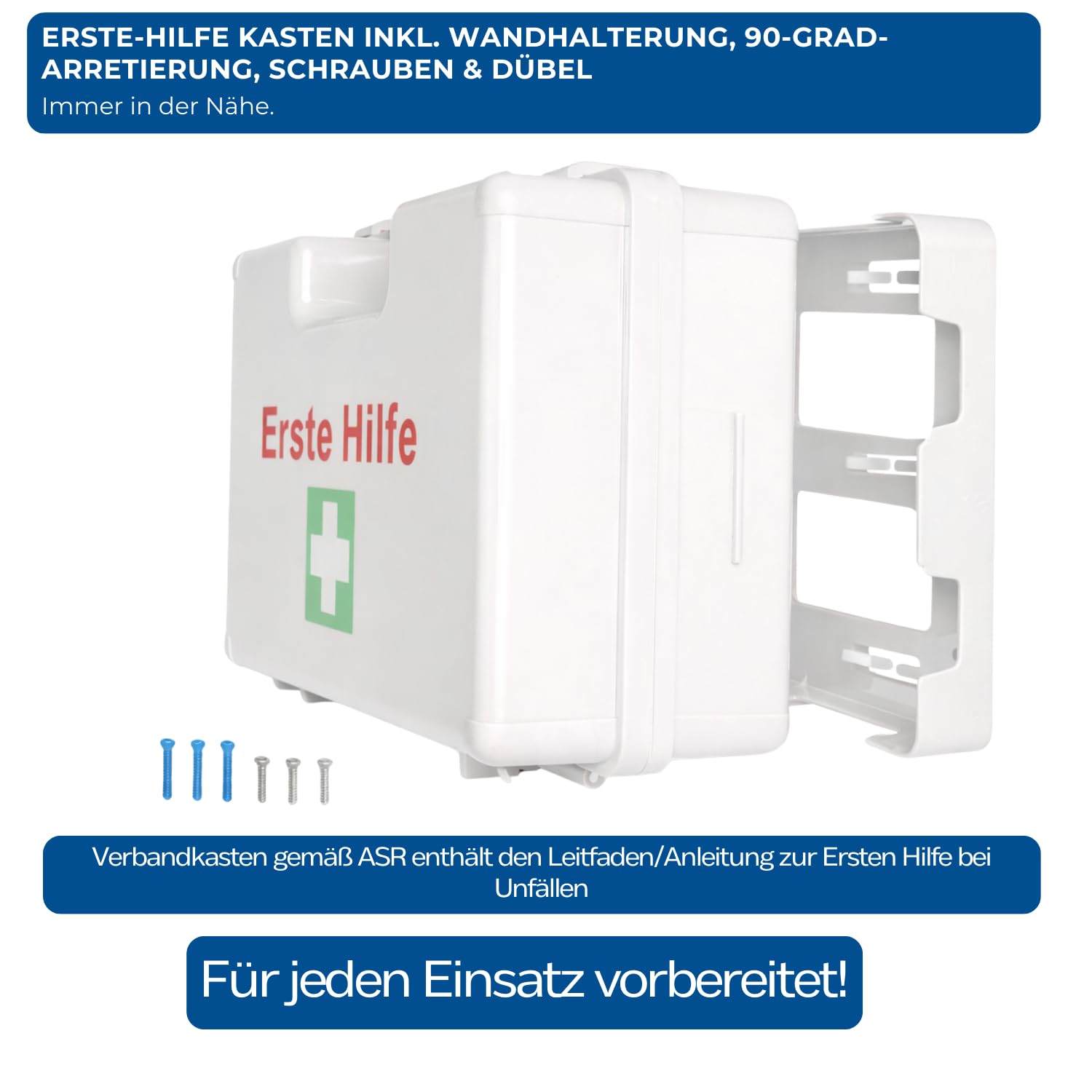 First Aid Products | Erste Hilfe Kasten MEDIUM Weiß | Inkl. DIN 13157:2021 Füllung 85-teilig | ABS-Kunststoff, Bruchsicher & Schlagfest | Wandhalterung & Schrauben | für Büro, Betrieb, Haushalt