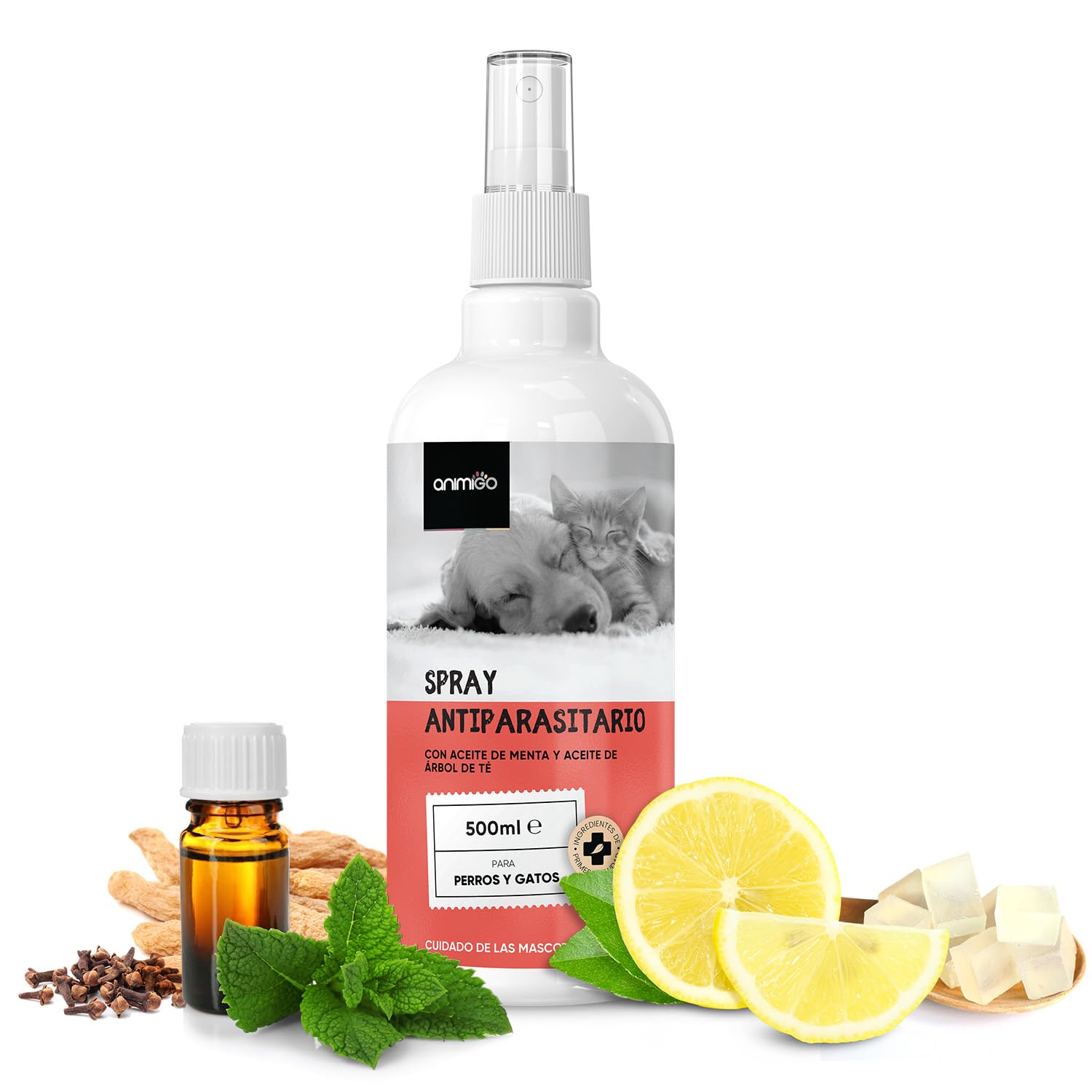 Spray Antiparasitario Perros y Gatos 500ml | Spray Antipulgas Perros y Gatos para Insectos, Ácaros, Mosquitos, Moscas y Garrapatas | Antiparasitario Gatos y Perros con Aceites de Origen Natural