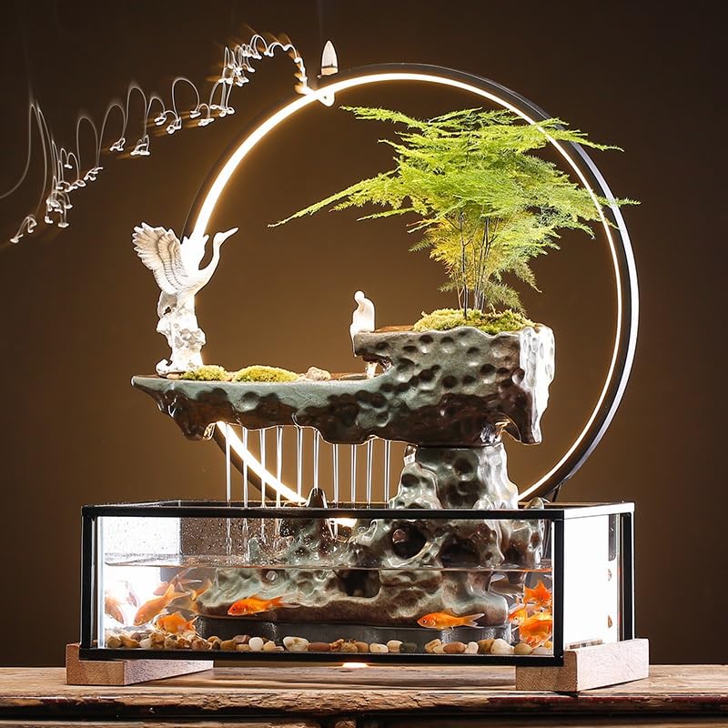 Cascada Fuente de Mesa con Agua circulante for Sala Estar, decoración Creativa, Oficina, pecera Vidrio, Escritorio, Paisaje Fuente Interior