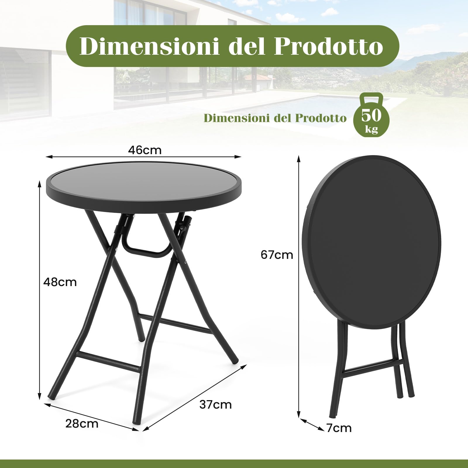 RELAX4LIFE Tavolo da Giardino, Tavolino da Balcone Rotondo Pieghevole con Piano in Vetro Temperato, Struttura Metallica, Piedini Antiscivolo, Portata 50 kg per Interni ed Esterni, Φ46x48cm (Nero)