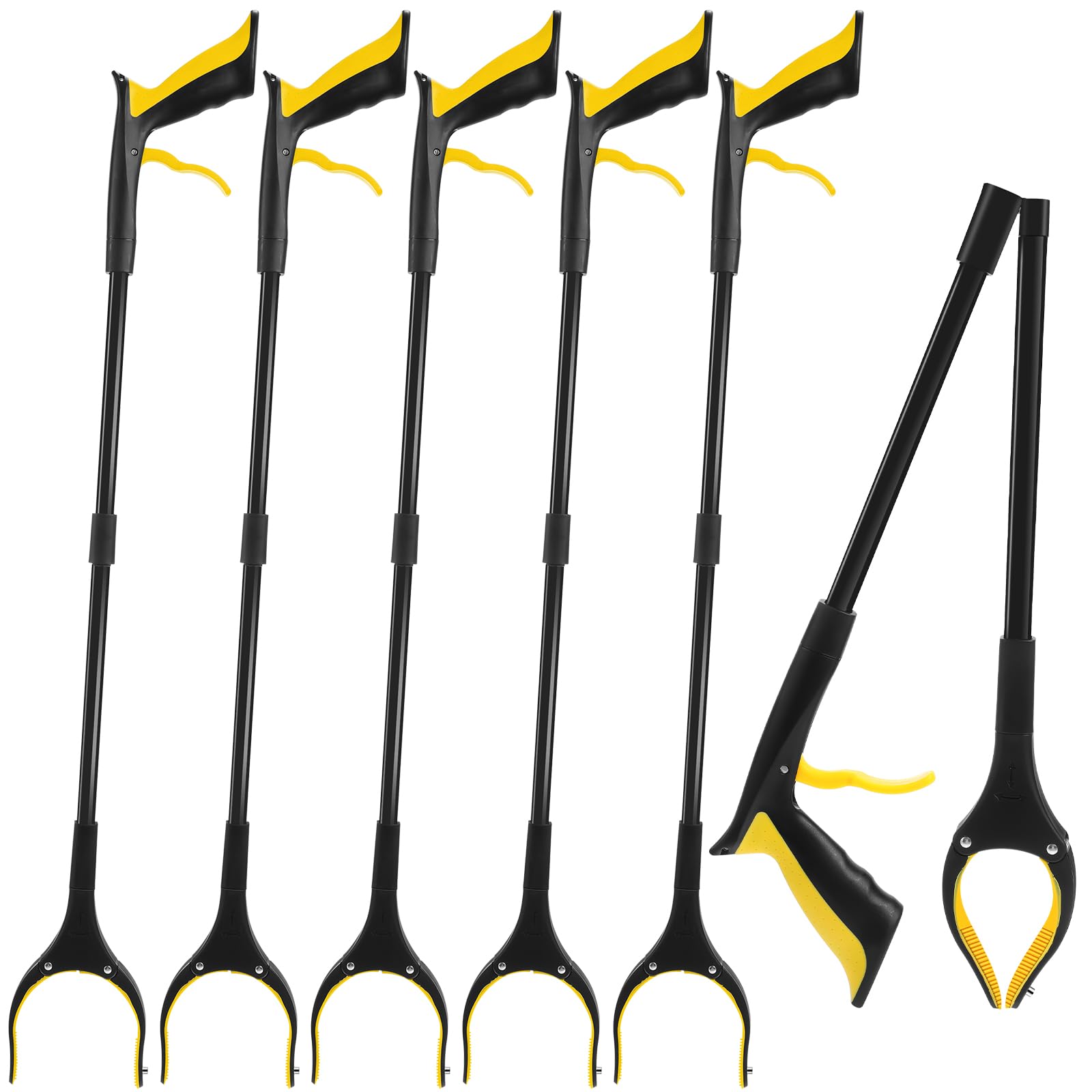 6 Pack Trash Grabber Reacher Tool for Elderly, 32" Foldable Trash Picker Upper Grabber Long Handy Mobility Aids Reaching Tool for Pick Up Stick Arm Extension Litter Claw Picker (Yellow Black)