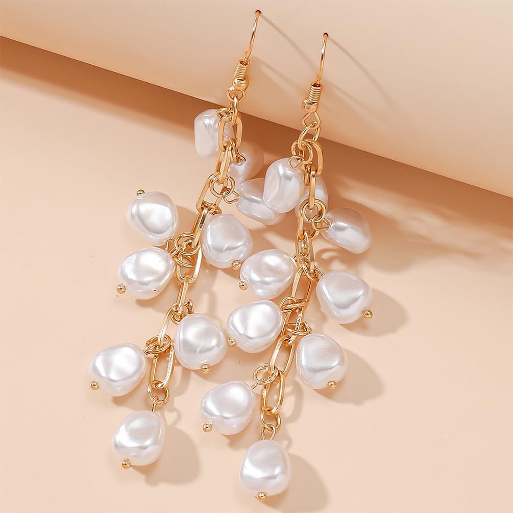 Boho Long Tassel Delicate Beaded Pearl Dangle Drop Earrings for Women, Vintage White Bead Baroque Pearls Cluster Earring Unique Prom Party Jewelry Gift - Image 4