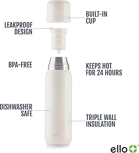 Miniatura 3 de Ello Therma - Termo aislado de acero inoxidable de 32 onzas para bebidas calientes y frías, con tapa a prueba de fugas y taza integrada, aislamiento
