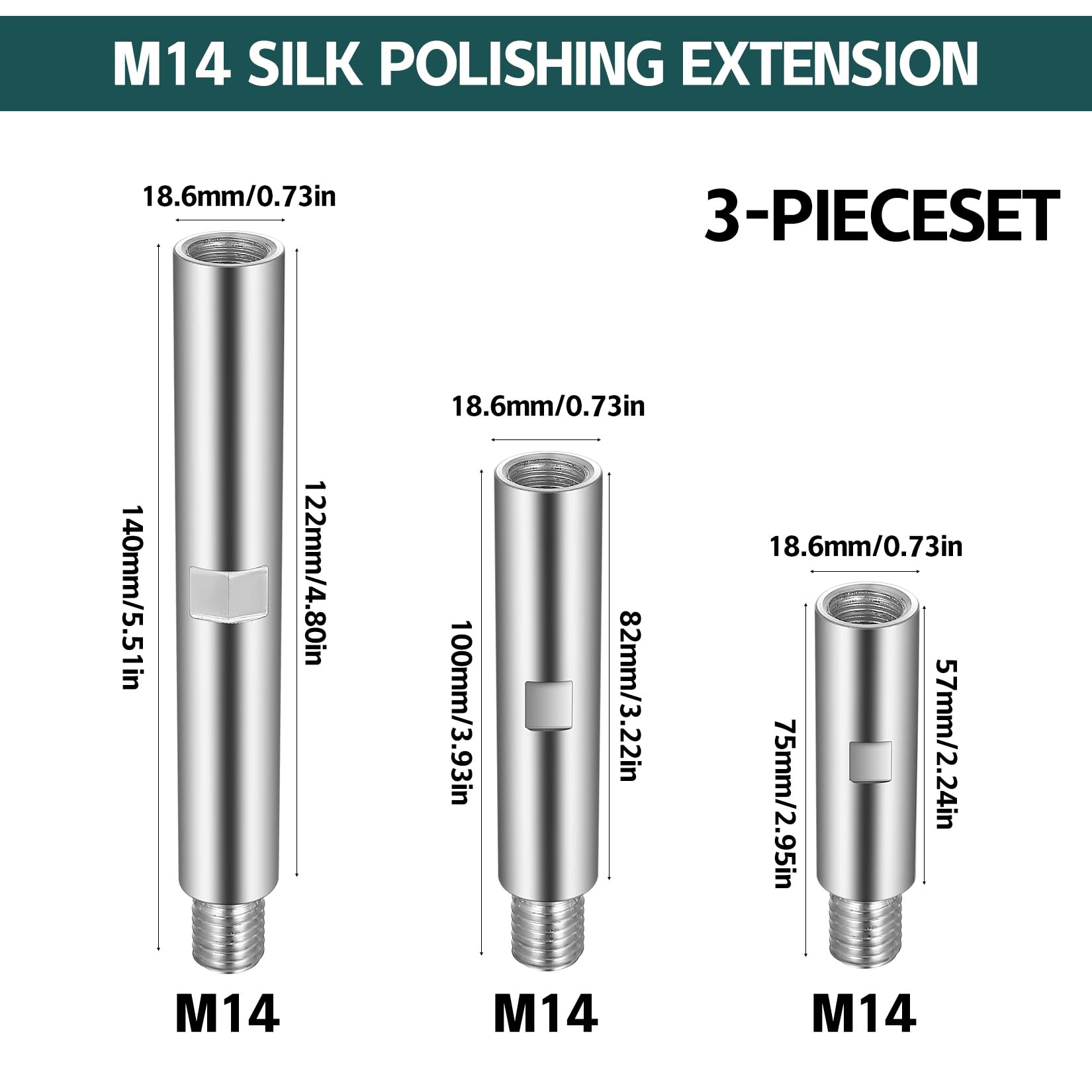 3-częściowy zestaw przedłużek M14 do szlifierki kątowej, aluminiowy wał przedłużający, adapter M14 do polerki, akcesoria do szlifierki (75/100/140 mm)