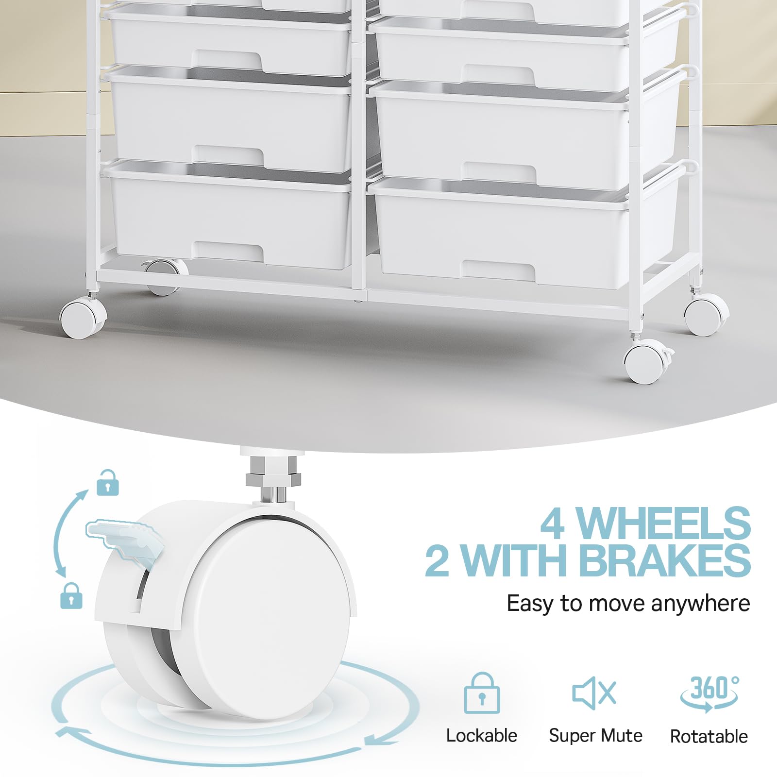 Carrello da bagno con 12 cassetti, in plastica, versatile, carrello per attrezzi, con piano di lavoro simile al legno, per bagno, cucina, soggiorno, ufficio, bianco