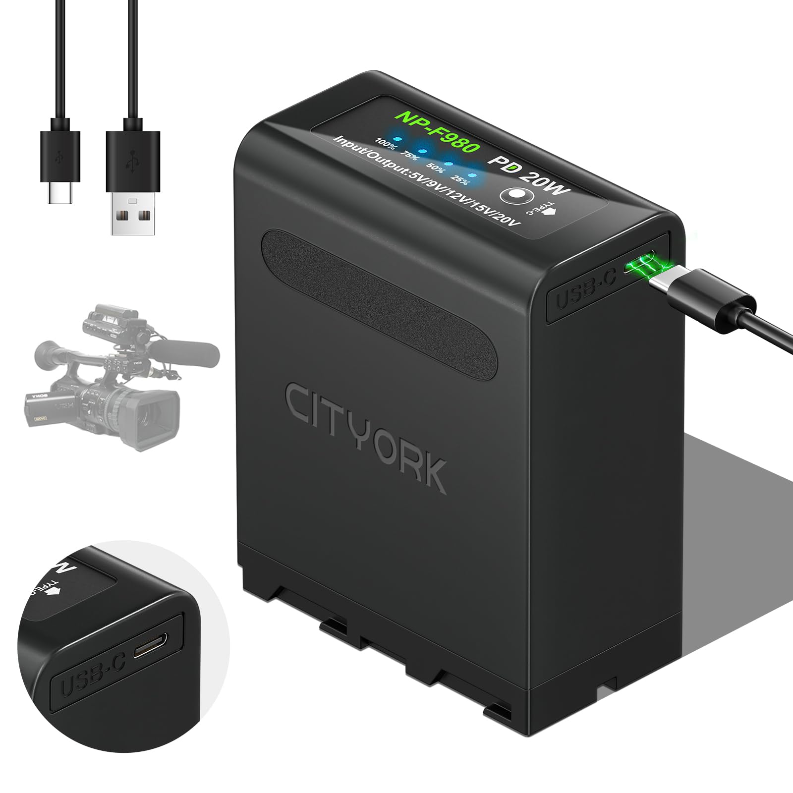 CITYORK 10800mAh NP-F980 Batteria [PD 20W/Tipo-C], Batteria per Sony NP-F980 F970 F975 F960 F930 F770 F750 F730 F570 F550 F530 F330 Tutta la Sony NP-F Series, per Sony Camere, Videocamere, LED Video