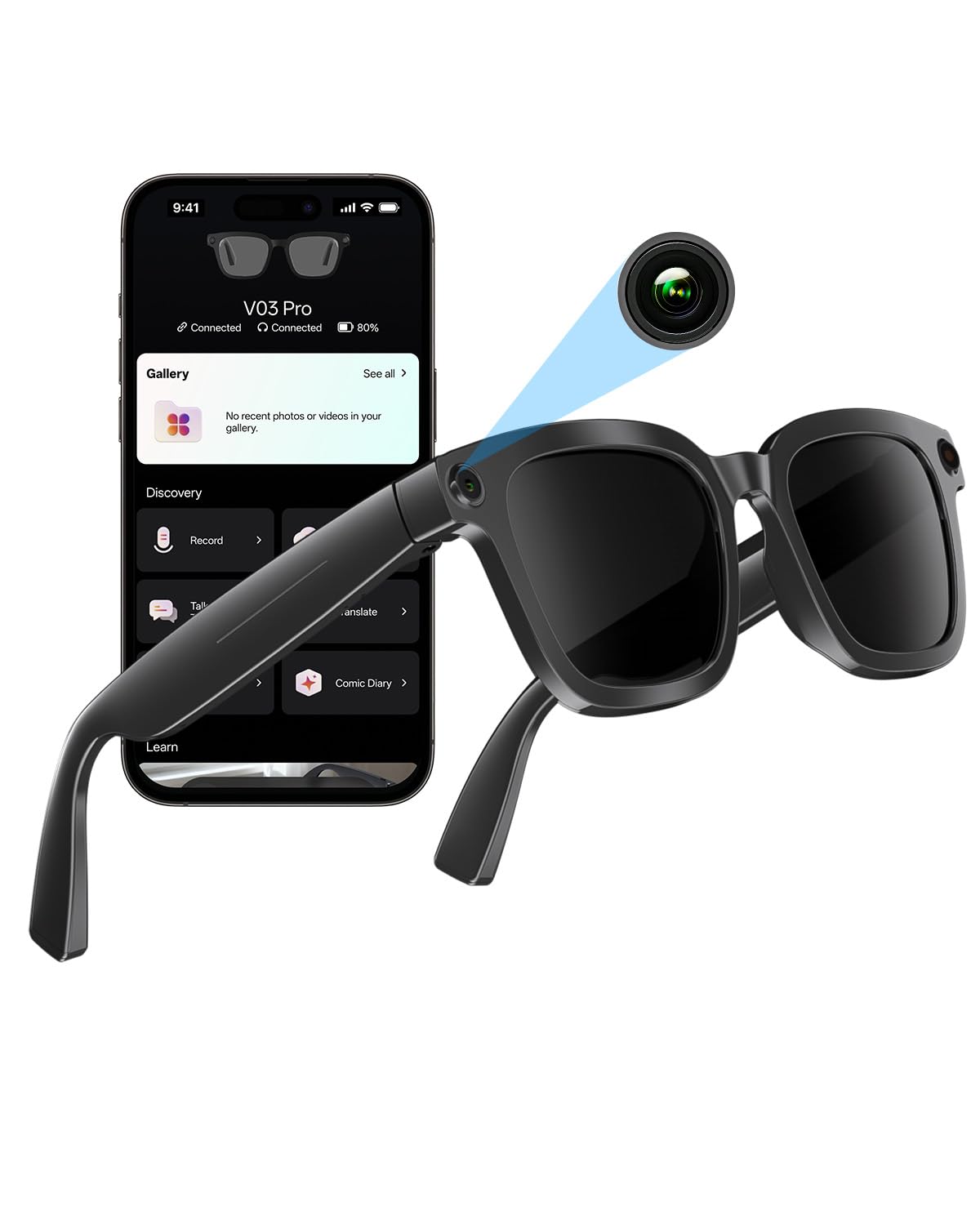 Lunettes Intelligentes avec Caméra et Bluetooth, 8 Mpx, HD 1200P | en Charge L'enregistrement Photo/Vidéo/Audio, La Traduction en Temps Réel, L'assistant Vocal et La Reconnaissance D'objets