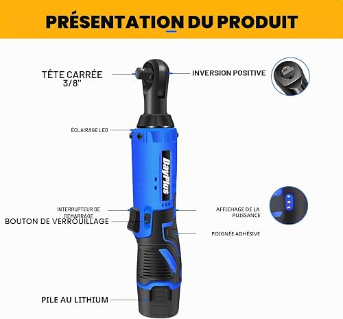DayPlus Clé à cliquet 12V à batterie 3/8" Sq entraînement, cliquet électrique 40Nm, 2300RPM, angle droit à 90°, 2× batterie, 7PCS douilles pour construction mécanique, construction mécanique, tâches - 2