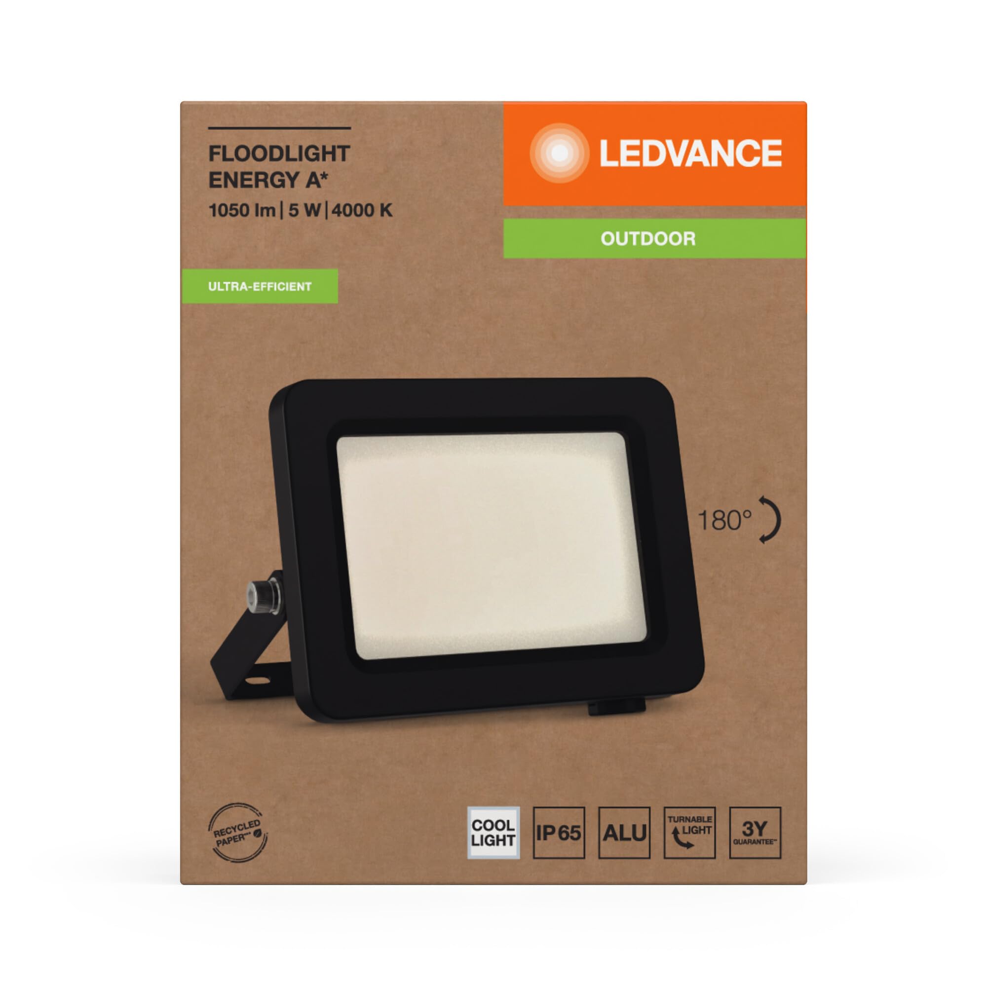 LEDVANCE LED-Flutlicht mit Energieeffizienzklasse A, schwarzes Aluminiumgehäuse, 5 W, 870 lm, für Außenanwendungen, kompaktes Design, leichtes Gewicht, einfache Montage, 8-pack