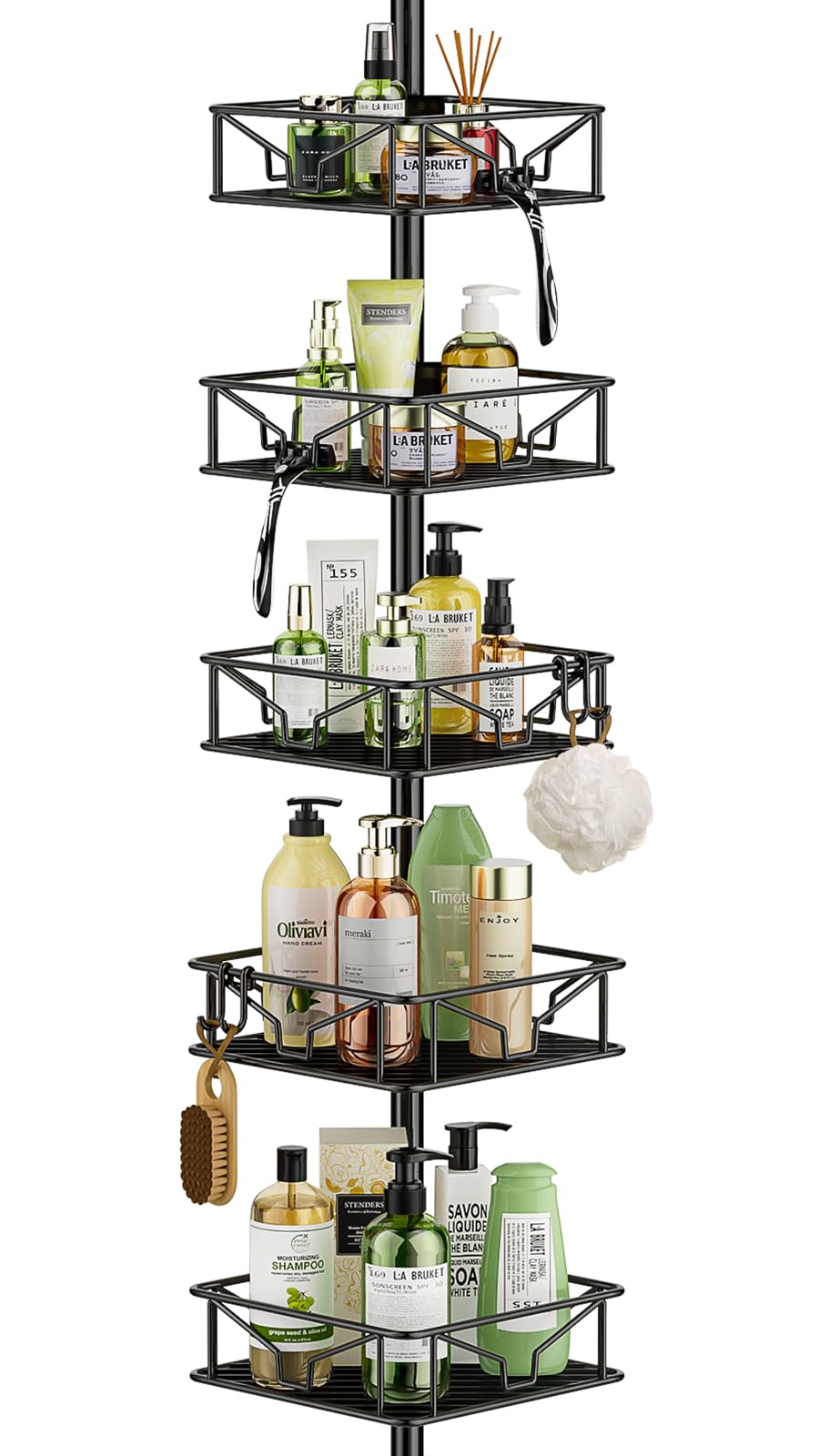 Mutool Adjustable Shower Shelf, Telescopic Shower Caddy with Hooks, No Drilling Corner Shelf with 5 Trays, Rustproof Bathroom Organizer from 157 to 294 CM, Black