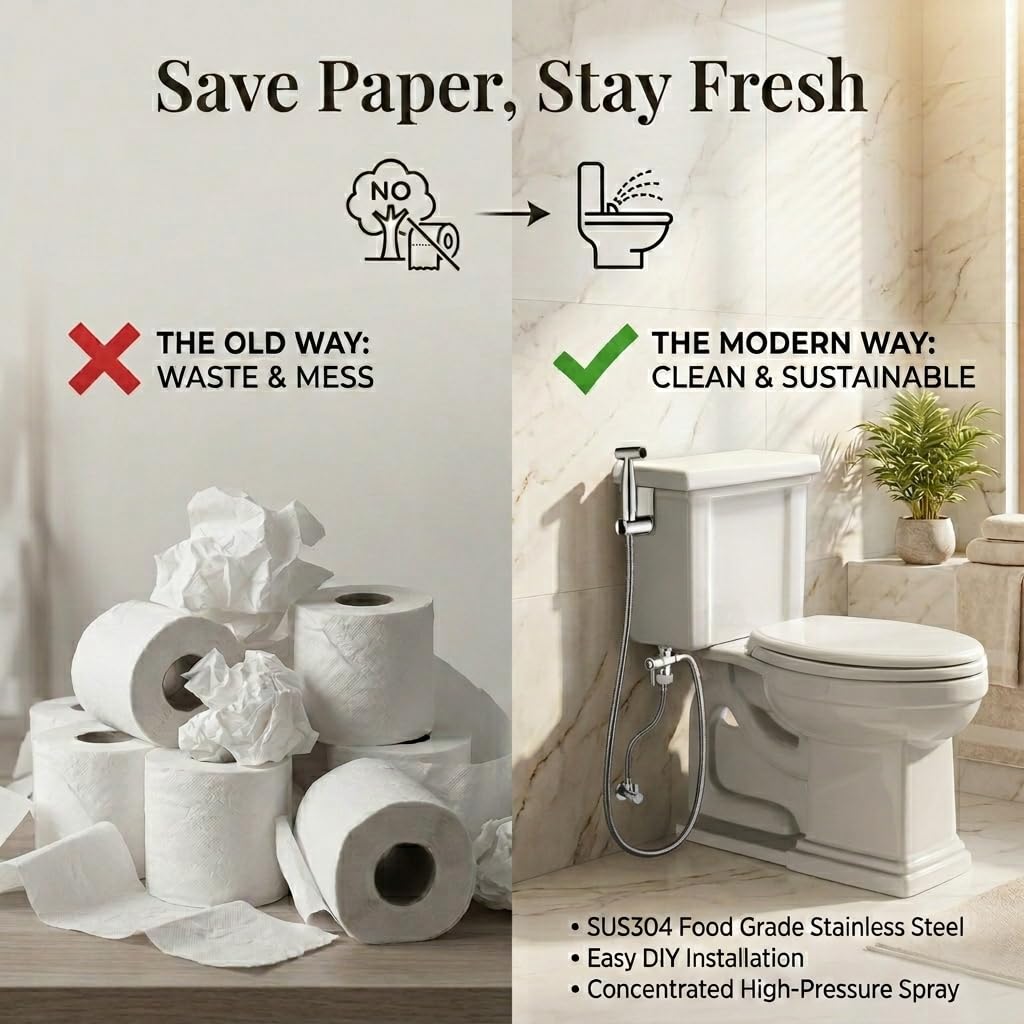 Grifo Bidet para WC Ducha Higiénica de Acero Inoxidable con Manguera 1.5m, para Higiene Personal y Limpieza de Mascotas Incluye Adaptador G1/2 (Acero)