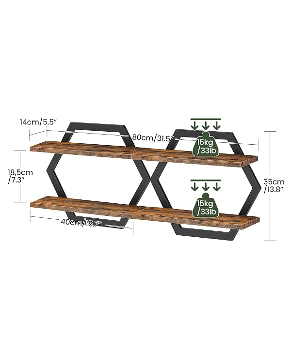 CHOEZON Hexagon Floating Shelves for Wall, Set of 2, 2 -Tier Hanging Shelves, Wall Mounted Storage Shelves, for Living Room, Bedroom, Kitchen, Home Office, Study, Rustic Brown and Black TBJ06P2BF by CHOEZON - Image 2