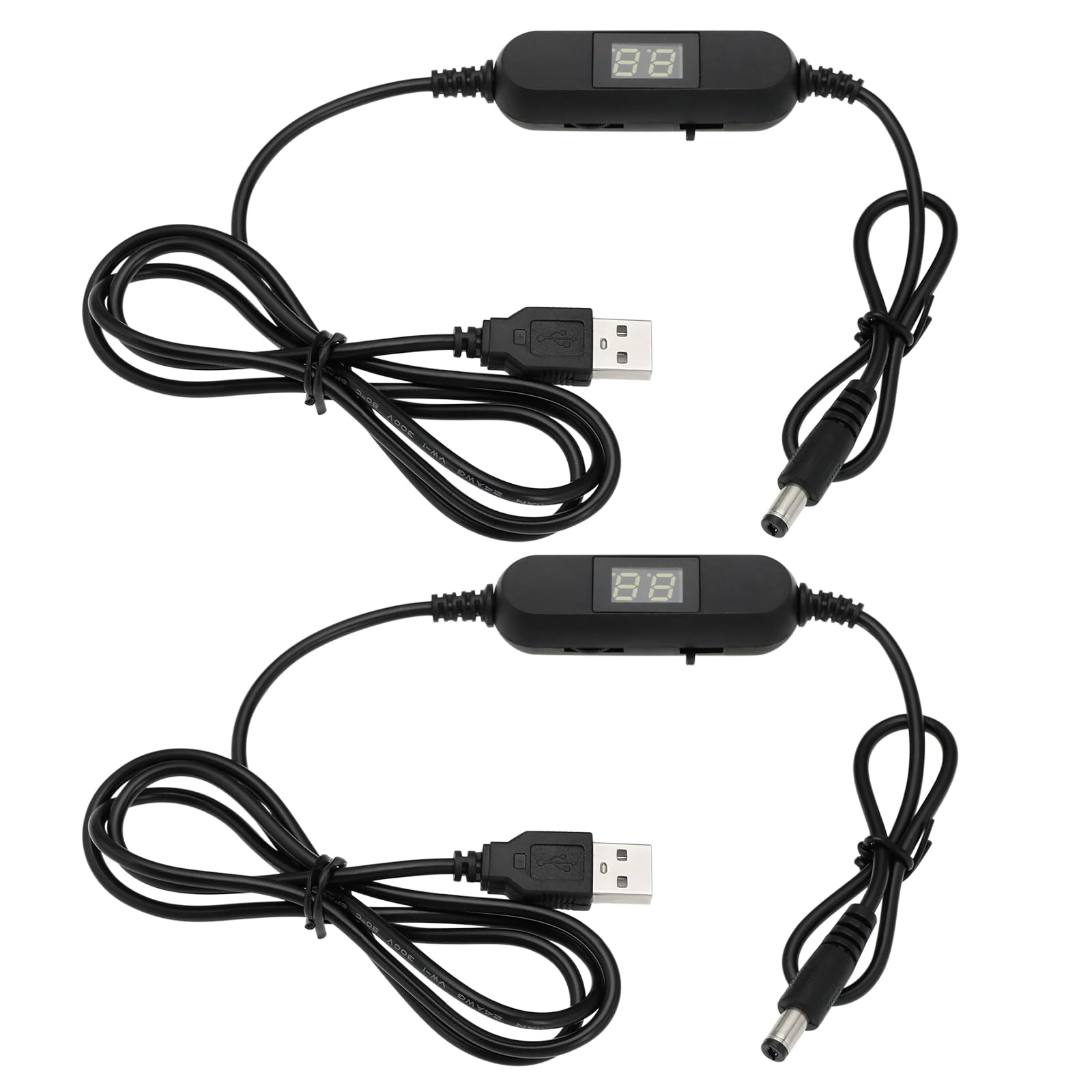 Micro Traders 2PCS USB Adjustable Voltage Cable 5V to 1.5V 3V 4.5V 6V 7.5V 9V 12V 5.5x2.1MM USB Cable Power Cable Converter with LED Dislpay for Toy