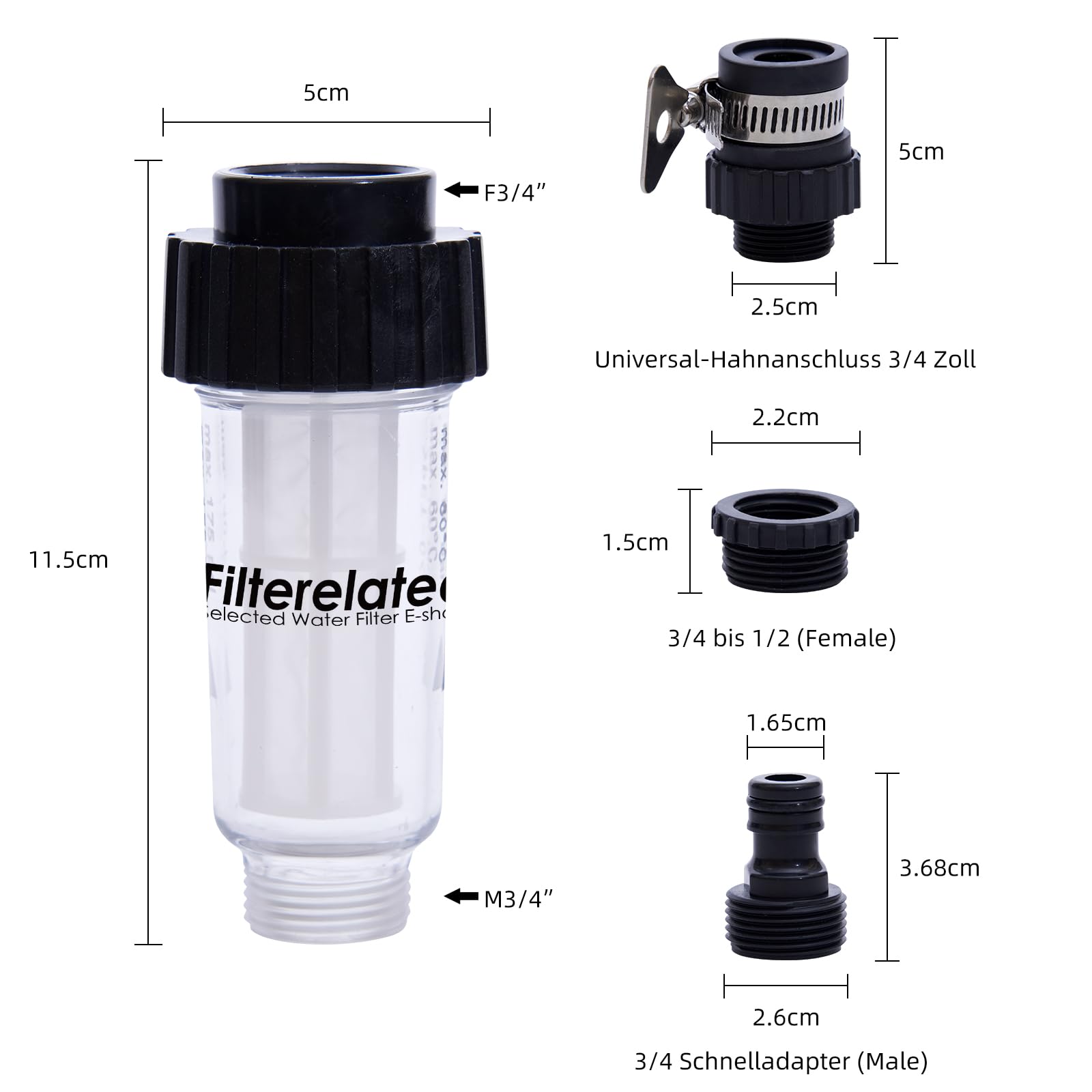 Kit de filtre à eau pour tuyau d'arrosage avec 1 insert filtrant, valve de régulation et 2 adaptateurs rapides comme filtre de remplissage pour nettoyeur haute pression, camping-car, caravane, bateau,
