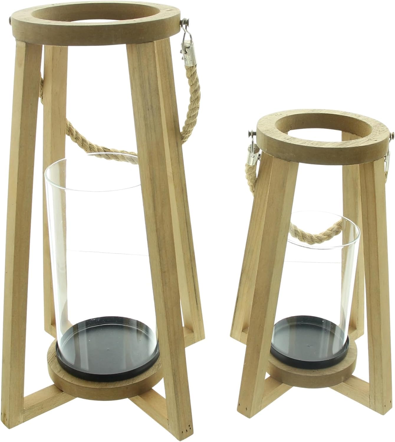 FRANK FLECHTWAREN Laterne Conical, 2er Set, Holz, Metall, Mattschwarz, Jute Maße: 15 x 15 x 26 cm, 18 x 18 x 37 cm, Glaszylinder Ø 8 x 13 cm, Ø 10 x 19 cm, ohne Kerzen