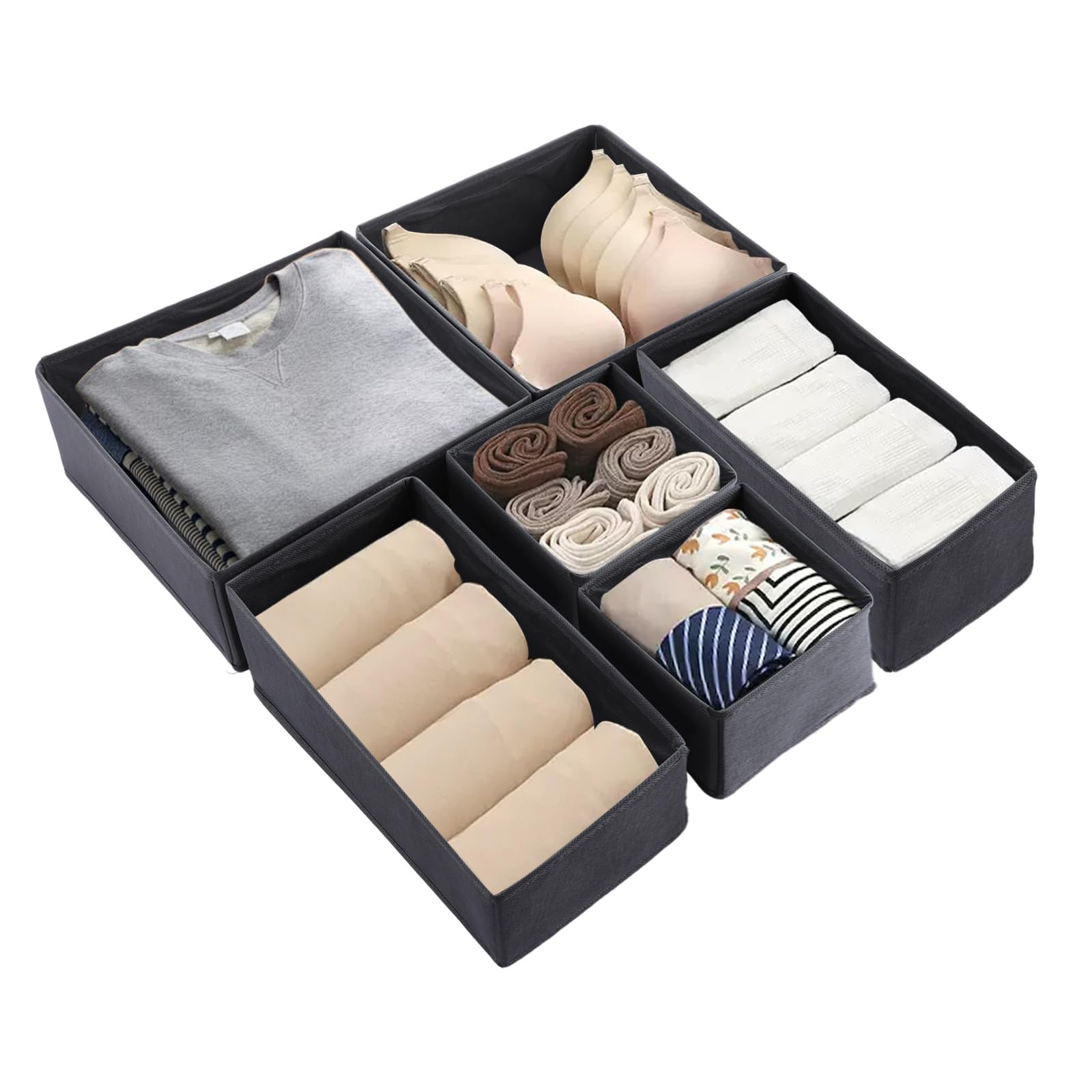 ASelected 6 Pcs Drawer Organisers Grey Wardrobe Storage Organiser Foldable Storage Box For Bras Socks Underwear Ties Scarves Cosmetics