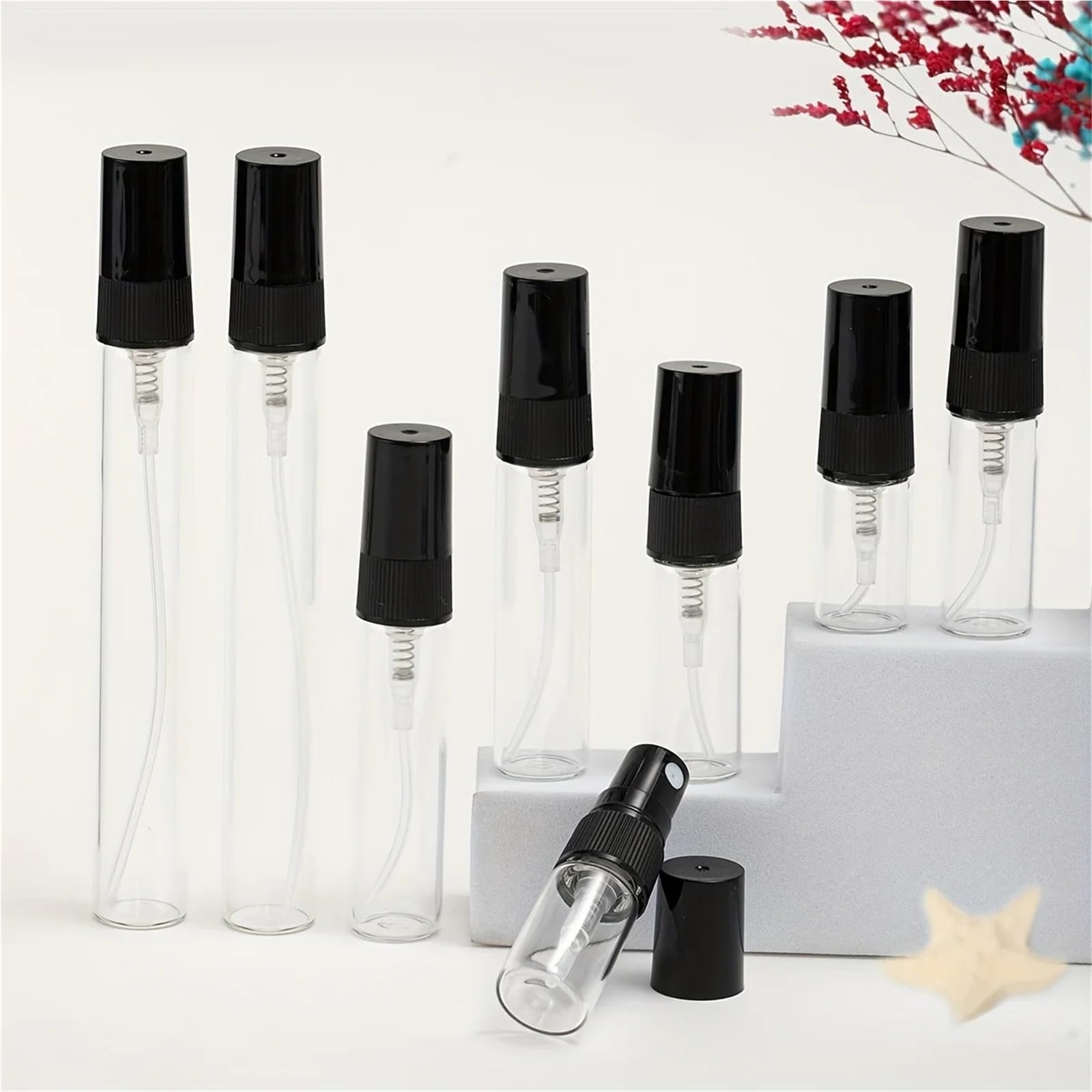 Parfümzerstäuber 50 Stück 6 Zubehörteile Transparente Parfümflaschen aus Glas, nachfüllbare Sprühflaschen, 0,07 oz,1,17,34(10ml)