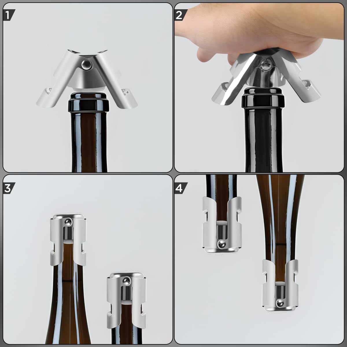 Lot de 2 bouchons de bouteille de champagne, bouchons de bouteille de champagne, bouchons de bouteille de vin pétillant, bouchon anti-fuite en acier inoxydable et joint en silicone (argenté)