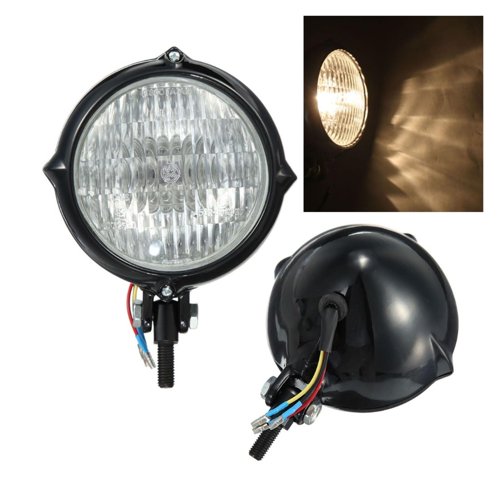 Chromowana czarna zabytkowa żarówka motocyklowa Bates Style H4 Żółta lampa przednia, do Harleya, Bobbera Choppera Reflektor Fairing Light(Schwarz)
