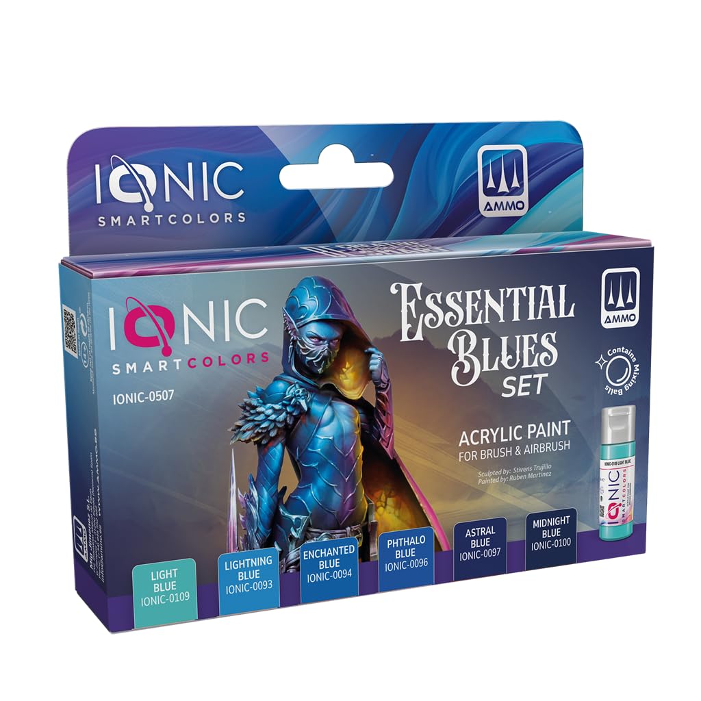 IONIC Set essenziale di blu, il set IONIC include 6 colori acrilici, appositamente progettati per offrire le tonalità blu essenziali per dipingere le miniature