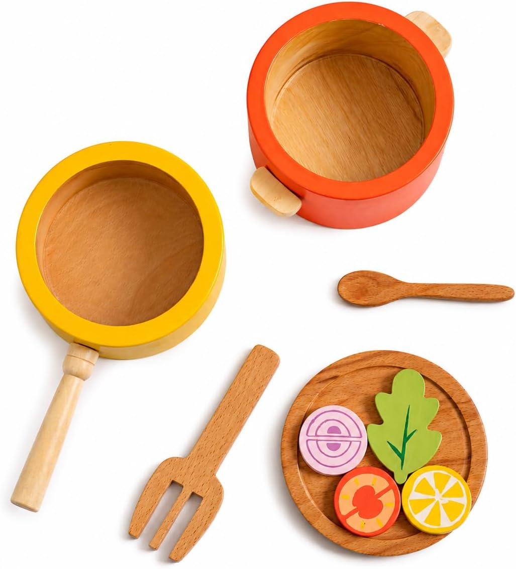 Nesta Toys Wooden Kitchen Play Set | Cooking Toy for Kids (9 Pcs) | Frying Pan, Pot, Spoons, Plate & Cut Vegetables | Beech Wood | Montessori Pretend Play | Non-Toxic | Gift Ages 3-6