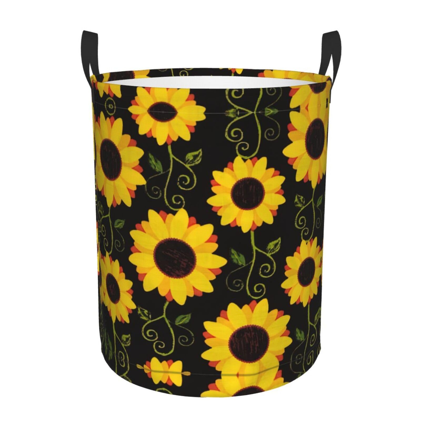 M Collapsible Round Floral Sunflower Print Laundry Hamper