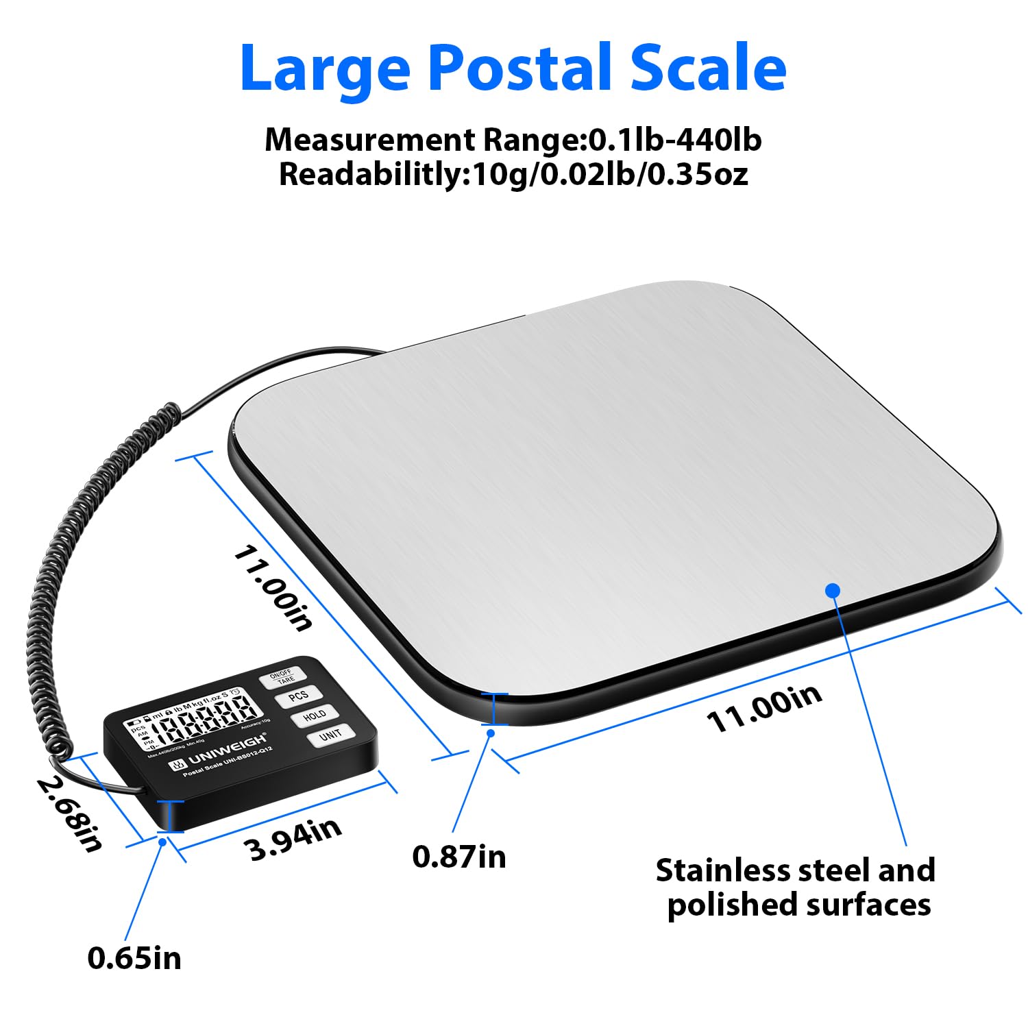 UNIWEIGH Waga wysyłkowa o dokładności 440 lb/0,35 oz, cyfrowa waga pocztowa do paczek z funkcją PCS/Hold/Tare, waga pocztowa dla małych firm, bagażu, magazynu, użytku domowego, bateria i USB-A w zesta