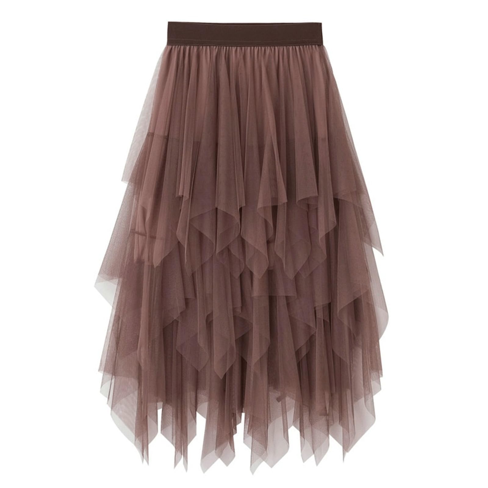 DUddTTW Irregular Women's Midi Skirt Mesh Midi Length Flowy Skirt Elastic Waisted Swing Skirt Slimming Maxi Skirts Ankle Length Skirts(Brown)