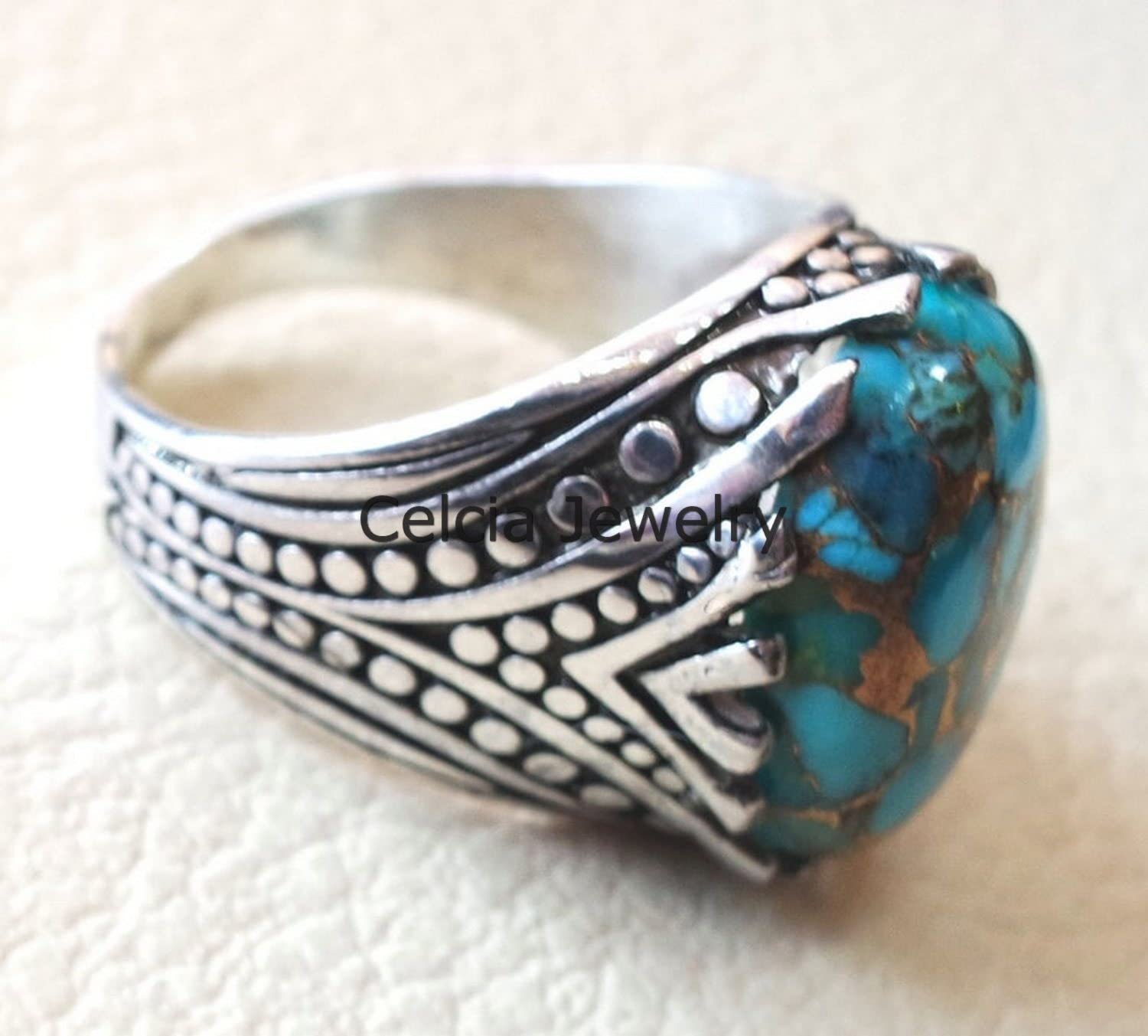 Bague ovale en cuivre bleu turquoise véritable pierre précieuse bleue, véritable argent sterling chevalière, bague de déclaration, bague de mariage, bague de cadeaux pour homme, cadeau unique pour lui
