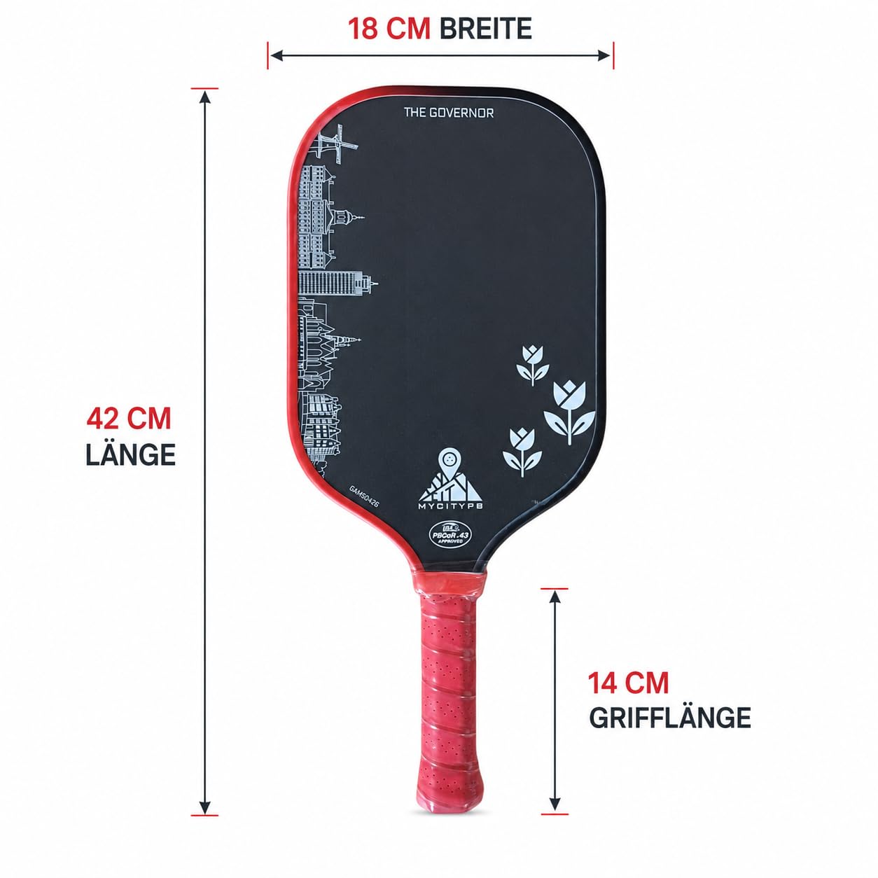 Rakieta Pickleball Governor Amsterdam Edition, certyfikat USAP, 42 x 18 cm, uchwyt 14 cm, włókno surowe + włókno szklane, 237-245 g, rakieta z rdzeniem o strukturze plastra miodu 16 mm