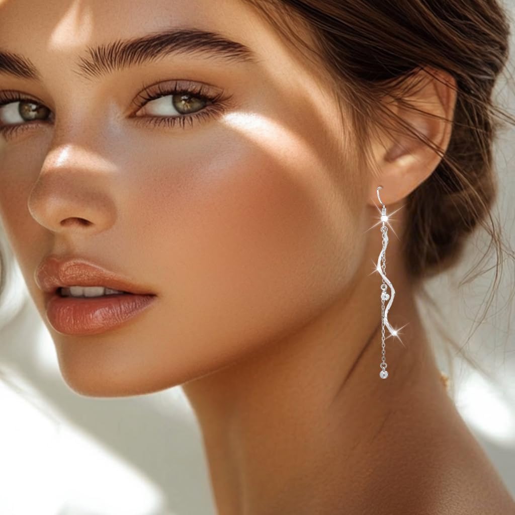 Campsis Wedding Silver Dangle Earrings, Long Spiral Earrings, Tassel Drop Earring Jewelry for Women - Image 3