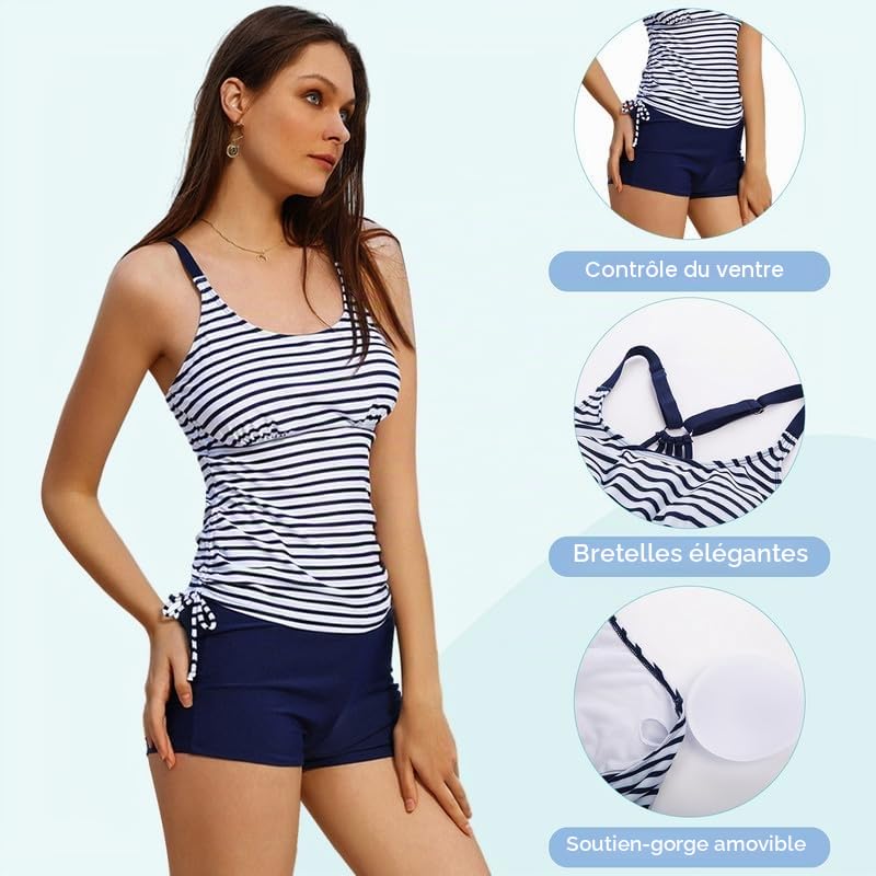 JASAMBAC Maillot de bain tankini pour femme, deux pièces, imprimé floral, short haut, tank top, cordon de serrage, lavage en machine - sécher à l'ombre