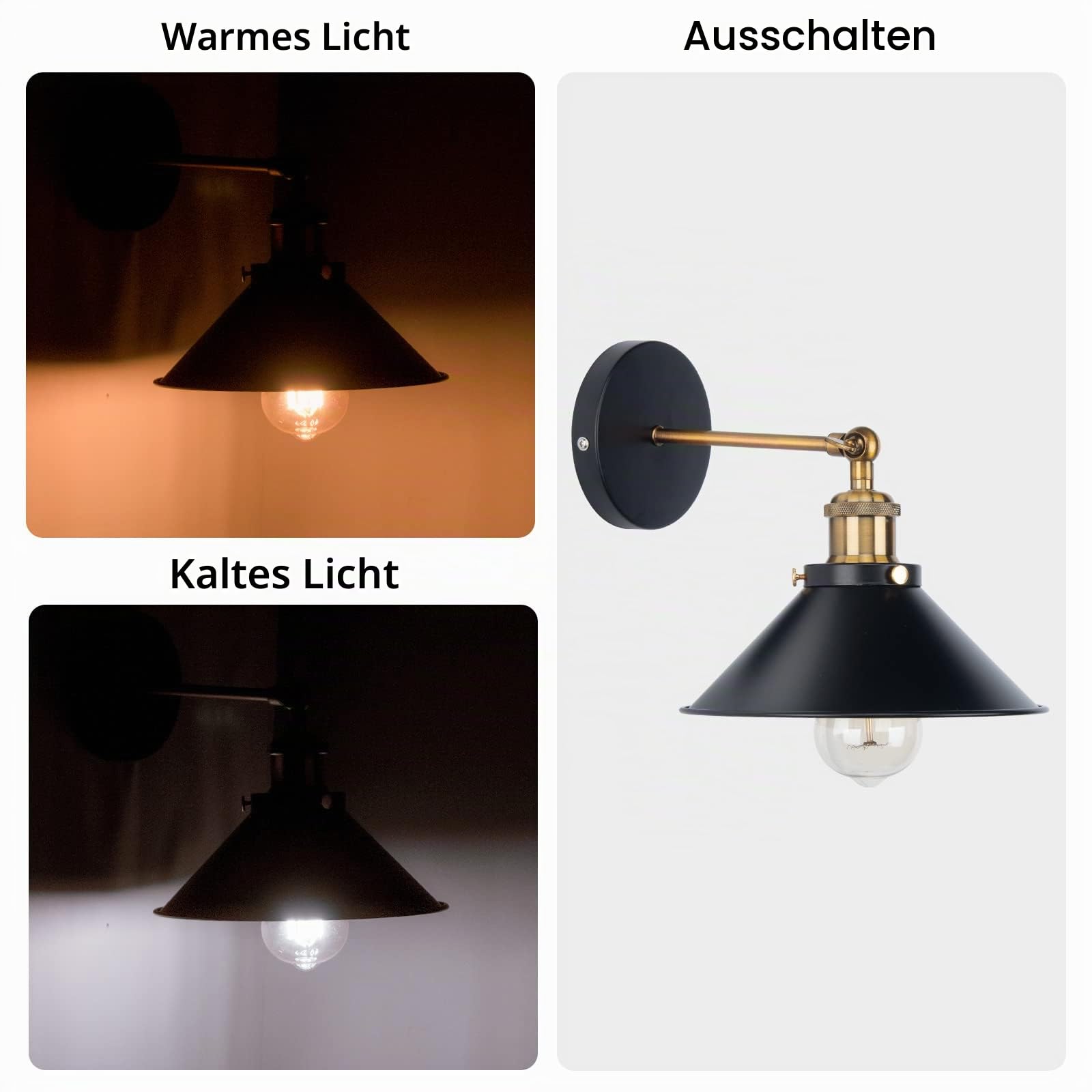 FIRVRE Wandleuchte Industrial mit Schirm, Wandlampe Innen Schwarz E27 Industrial Style, Wandlampe Rustikal Vintage Einstellbarer Lichtkopf für Schlafzimmer, Wohnzimmer, Treppen, Flur(2er Pack)