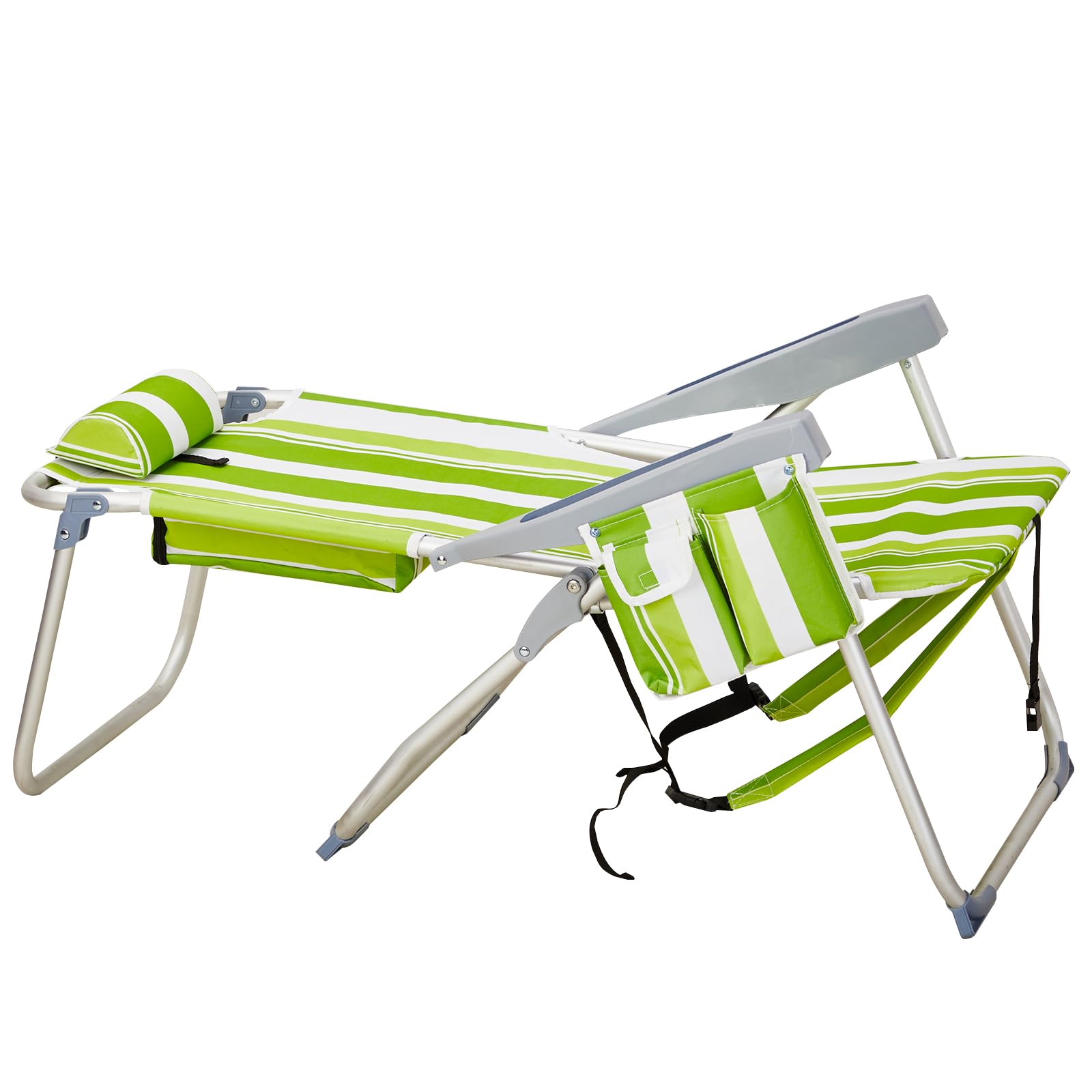 Beach Chair, 63 * 70 * 99cm Heightened Oxford Cloth with Silver White Aluminum Tube, Bearing 100kg, Green Stripes - Lightweight Folding for Outdoor Camping, Picnic, Backyard
