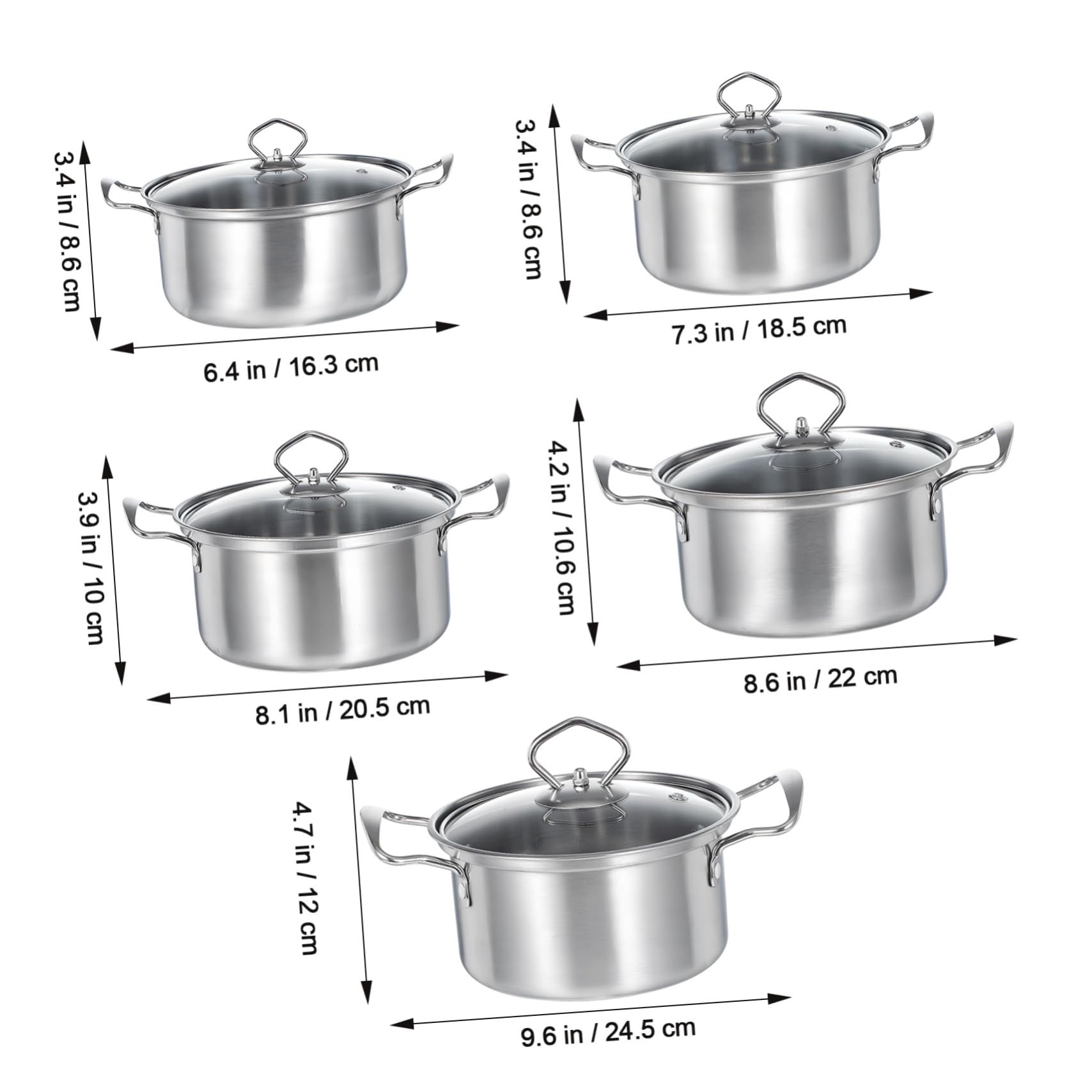 Gatuida Set 10 Pezzi Pentole in Acciaio Inox con Doppio Manico e Coperchio in Vetro, Pentole per Zuppa, Stufato e Porridge, Compatibili Piani Cottura a Induzione, per Cucina Domestica