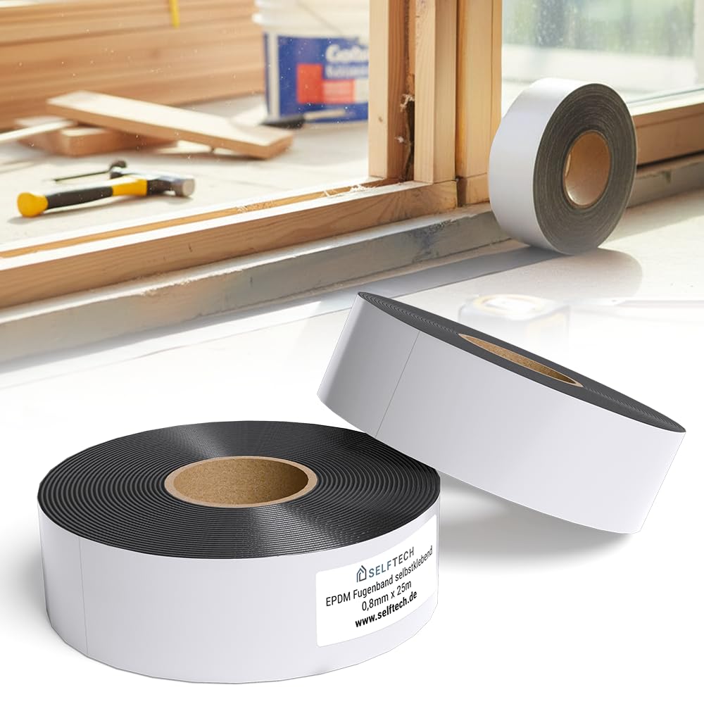 Selbstklebendes EPDM Fugenband als Montagehilfe - schwarzes Dichtungsband für Fassadenprofile | Stärke 0,8mm / Länge 25m (60mm)