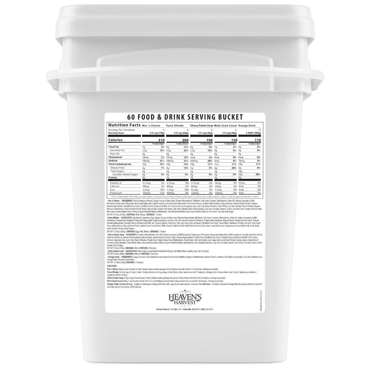 Heaven's Harvest Kit d'approvisionnement alimentaire d'urgence (60 portions de nourriture et de boissons) - Kit de survie 100 % lyophilisé avec une durée de conservation de 25 ans. Aliment non