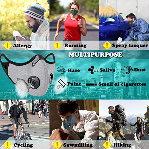 Masque anti-poussière anti-pollution pour sport avec 3 filtres à charbon actif et 2 valves anti-poussière - Pour moto, cyclisme, course à pied, évacuation des fumées (gris) - Image 8