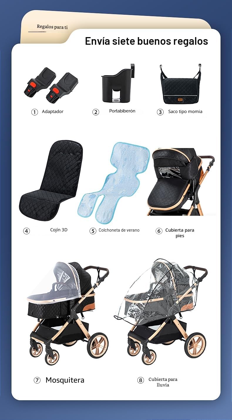 YAZOCO carrito bebe 3 en 1 Cochecito de Bebé Combinado Compacto Todoterreno Lujoso Paisaje Alto Cuatro Veces 0-36 Kg Sillas de paseo BastóN Plegable Accesorios CóModos (5 Negro)