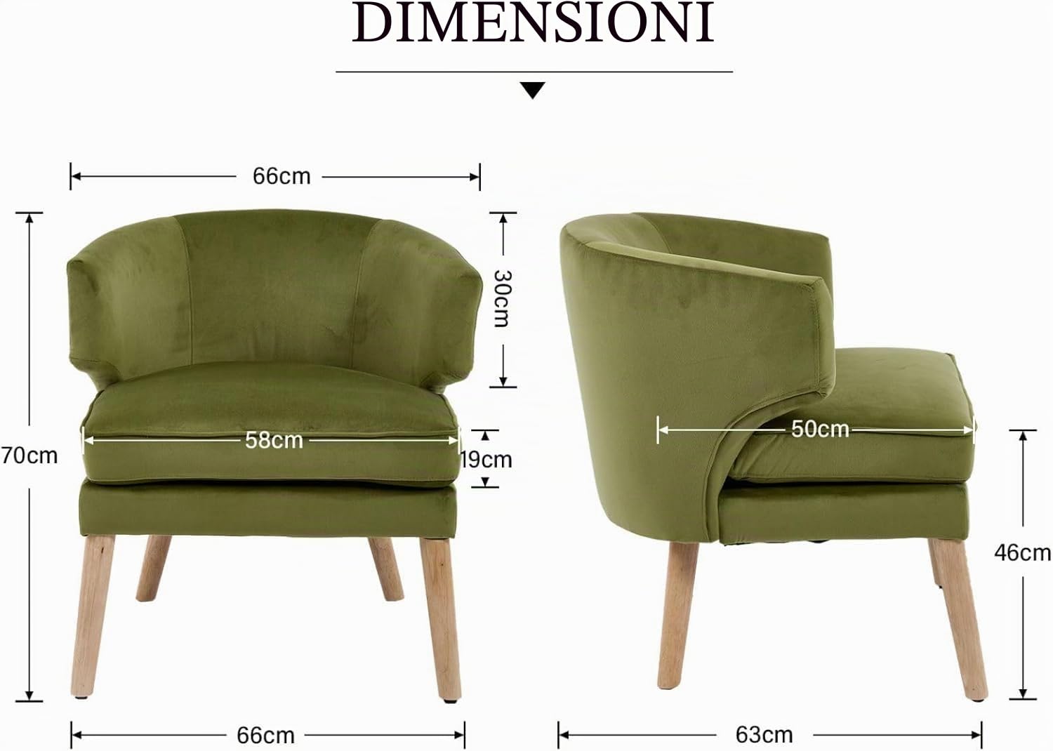 Sedia da lettura con gambe in legno in velluto, poltrona relax con doppio cuscino, per soggiorno, camera da letto, angolo lettura, verde