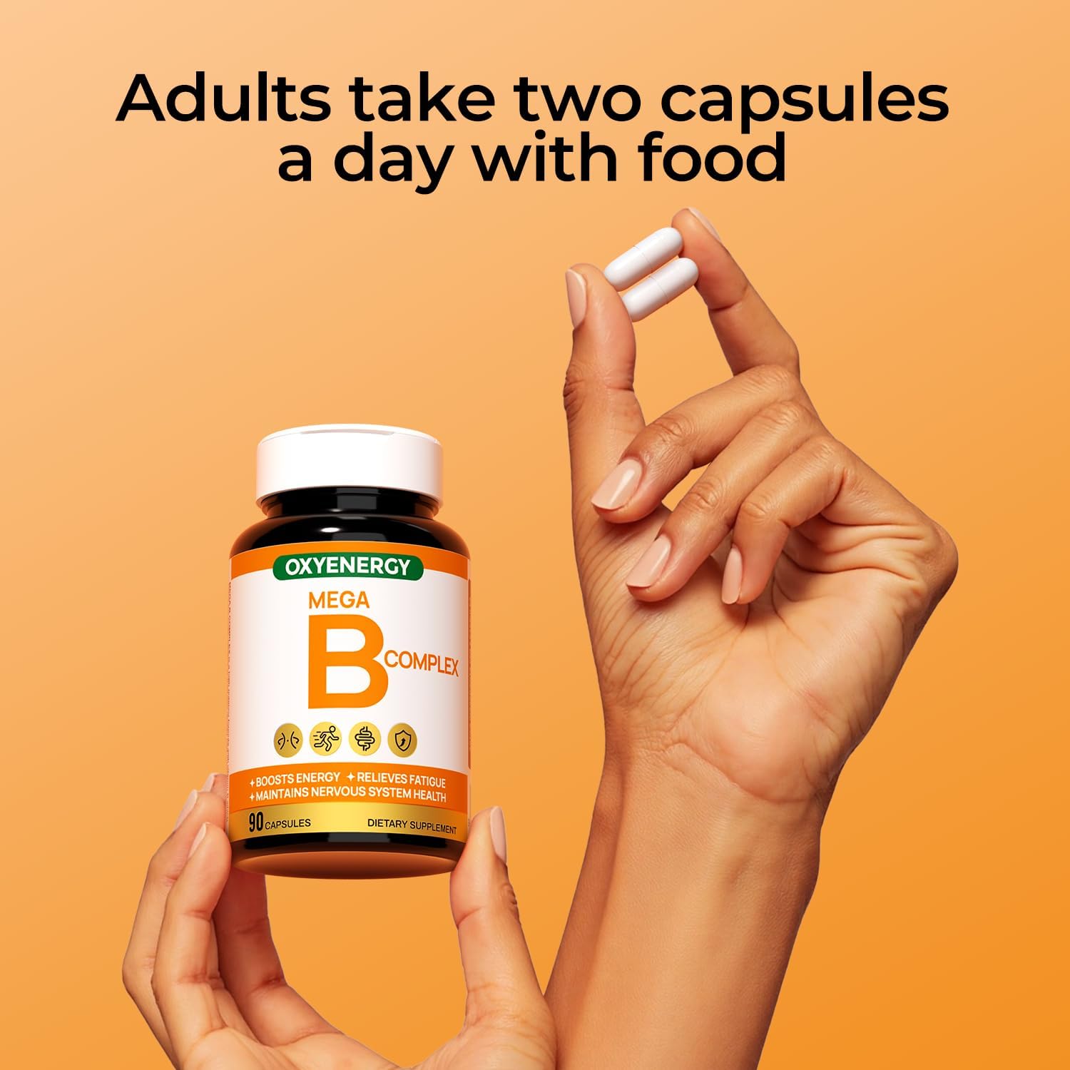 OxyEnergy Mega Vitamin B Complex for Women and Men, with Choline Inositol Biotin Folic Acid B1 B2 B3 B5 B6 B12, Neurological Health Support Cellular Energy - 90 Capsules,45Days Supply