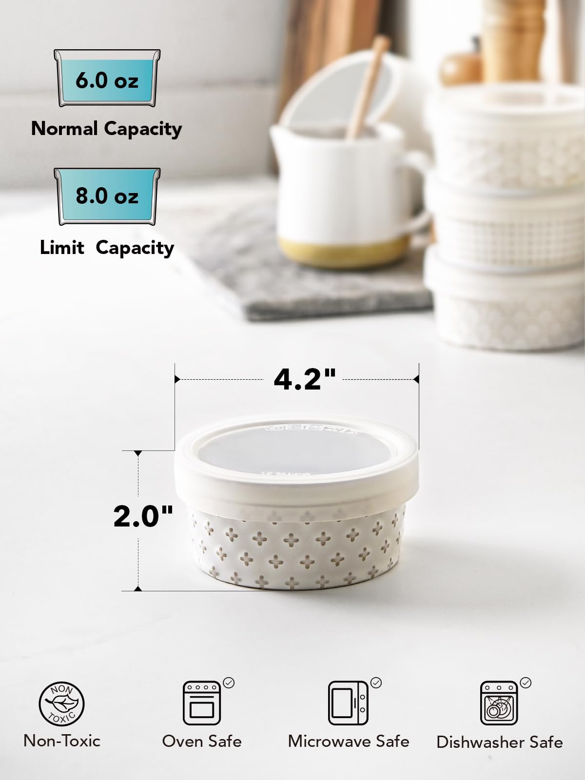 LE TAUCI Lot de 4 ramequins avec couvercles, 170 g, pour crème brûlée, soufflé, sauces, boîtes de conservation alimentaires en céramique, parfaits pour les restes – 10,7 cm, blanc arctique