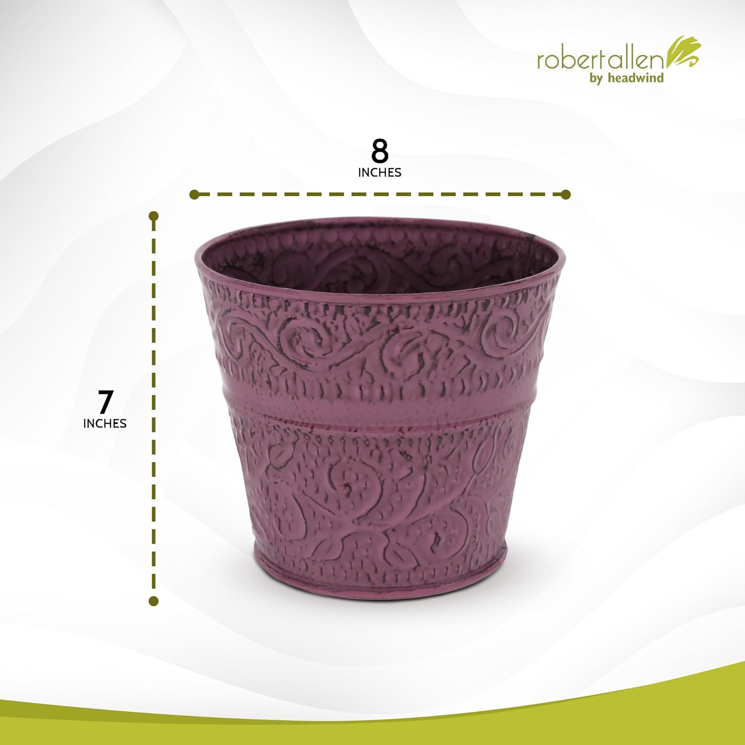Headwind IronLite Ensley – 8" Plum Decorative Metal Planter with High‑Gloss Embossed Design – Indoor Plant Pot with Drainage Hole & Modern Round Style for Home & Outdoor Use by Robert Allen