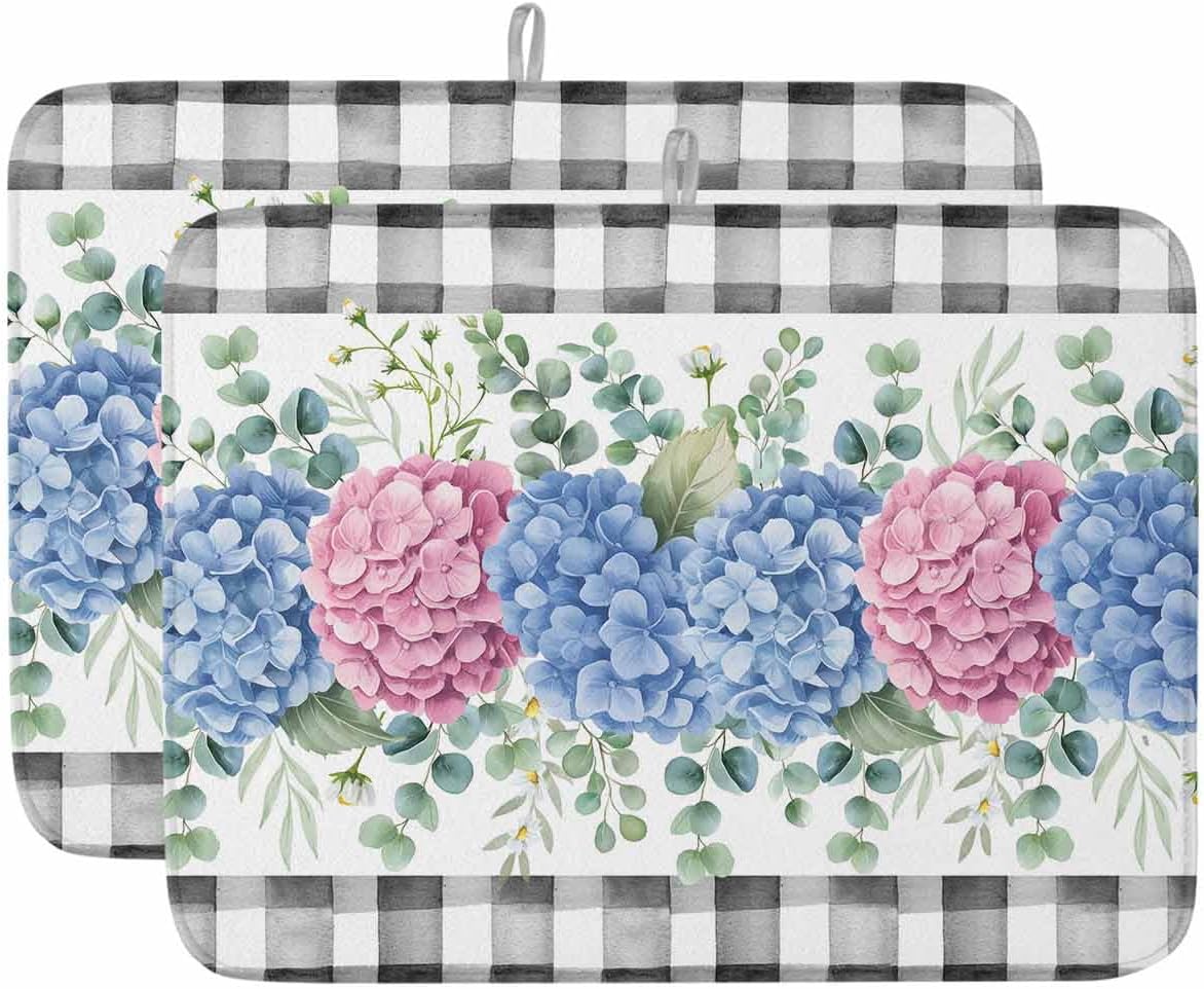 Dish Drying Mat 18 x 24 Inch, Blue Pink Hydrangea Absorbent Microfiber Coffee Mats for Kitchen Eucalyptus Leaves Summer Botanical Plaid Quick Drying Dish Drainer Pad 2 Pack