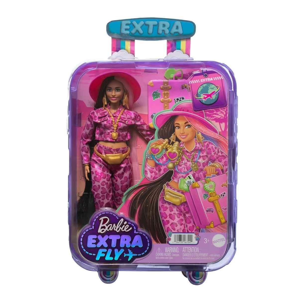 Barbie Extra Fly Lalka Safari w podróży z ubrankami na safari, strój ze zwierzęcym nadrukiem i walizka HPT48