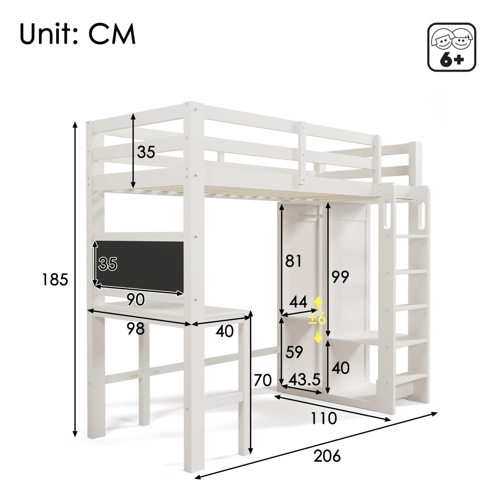 Sweiko Lit Mezzanine Enfant 90×200cm avec Bureau intégré et Armoire Ouverte, Cadre de lit avec étagères et barrière de sécurité, lit superposé avec Tableau Noir et sommier à Lattes